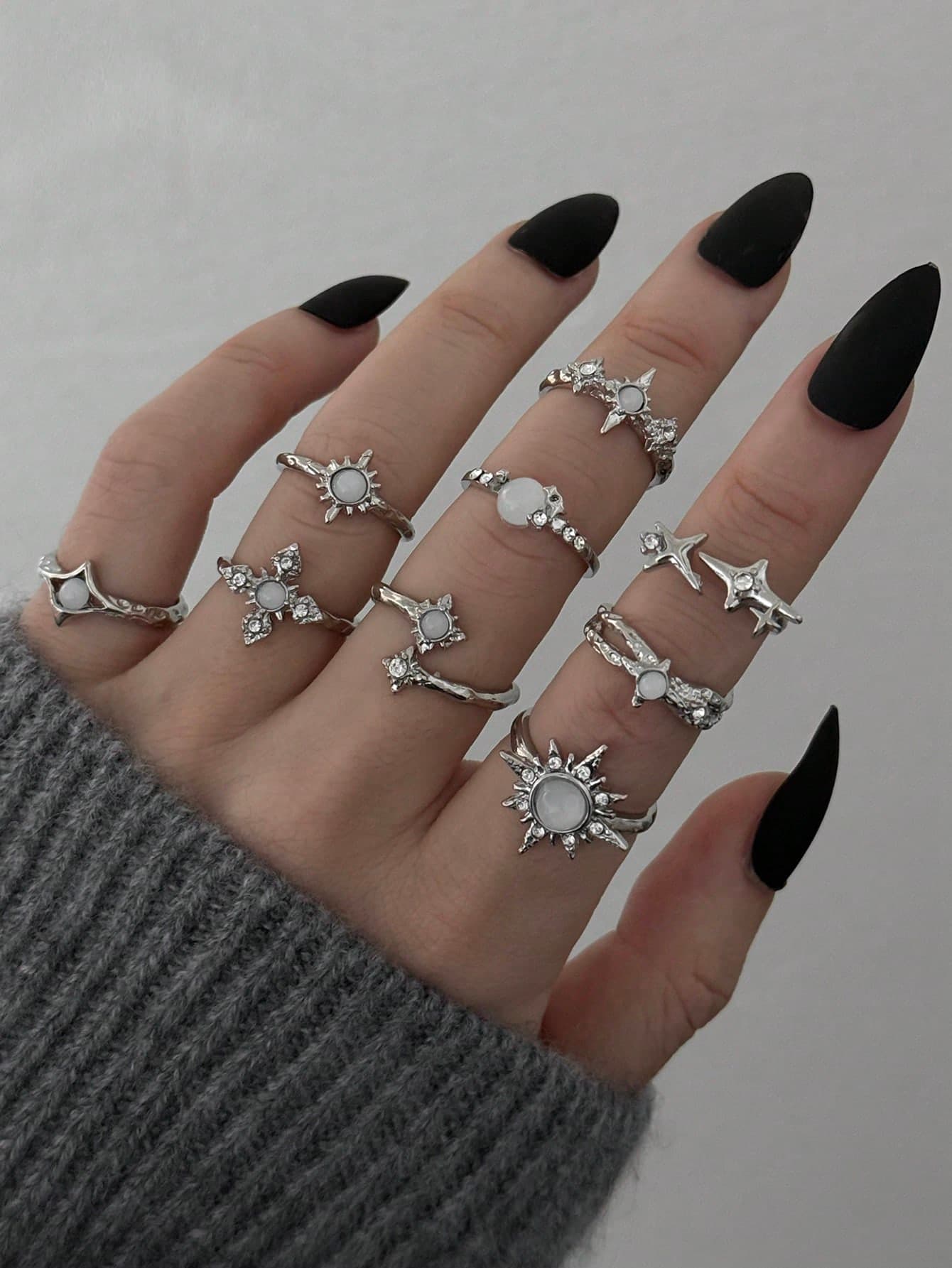 9PCS INS Style Asymmetrical Star Opal Rings, Sweet Cool Hip-Hop Minimalist Cross Rhinestone Set For Women