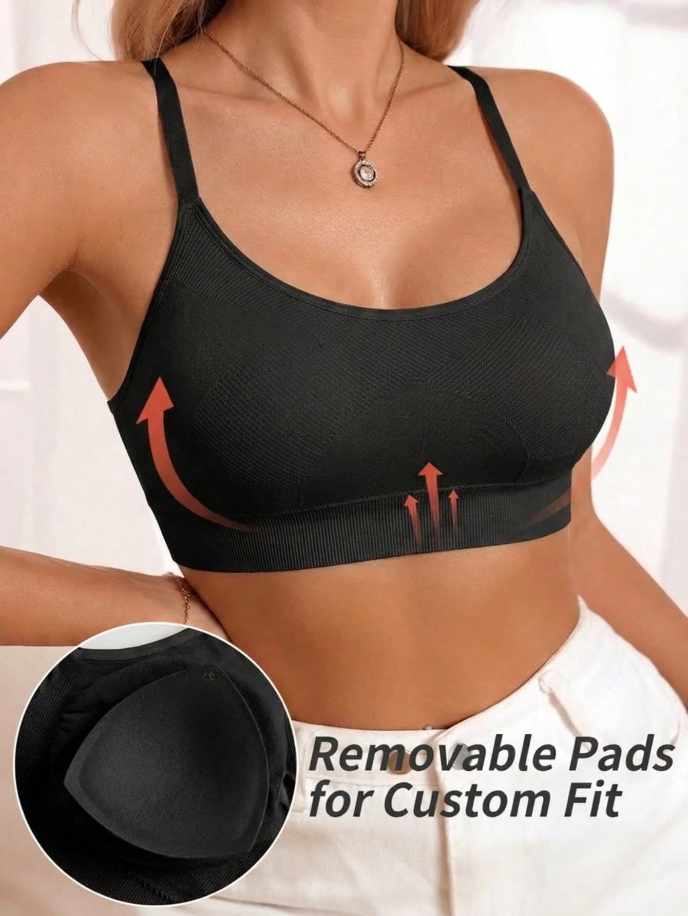 1pc Women's Solid Color Ribbed Non-Wired Sports Bra, Round Neck Removable Padding Yoga Bra, Thin Adjustable Double Shoulder Straps Hollow Back High Support Comfortable Lingerie, Full Cup Strong Push-Up Sports Tank, Premium Quality, Suitable For Gym Training And Daily Wear