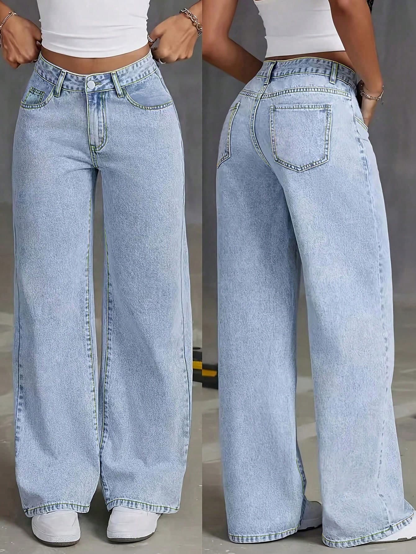 Women's Light Blue Straight Leg Jeans, Washed Effect, Non-Stretch Fabric, With Pocket, Zipper And Button Details, Long Casual Style, Non-Stretch, Casual Elegant Style, Summer Clothing, Concert Clothing, Vacation Clothing, 90% Cotton