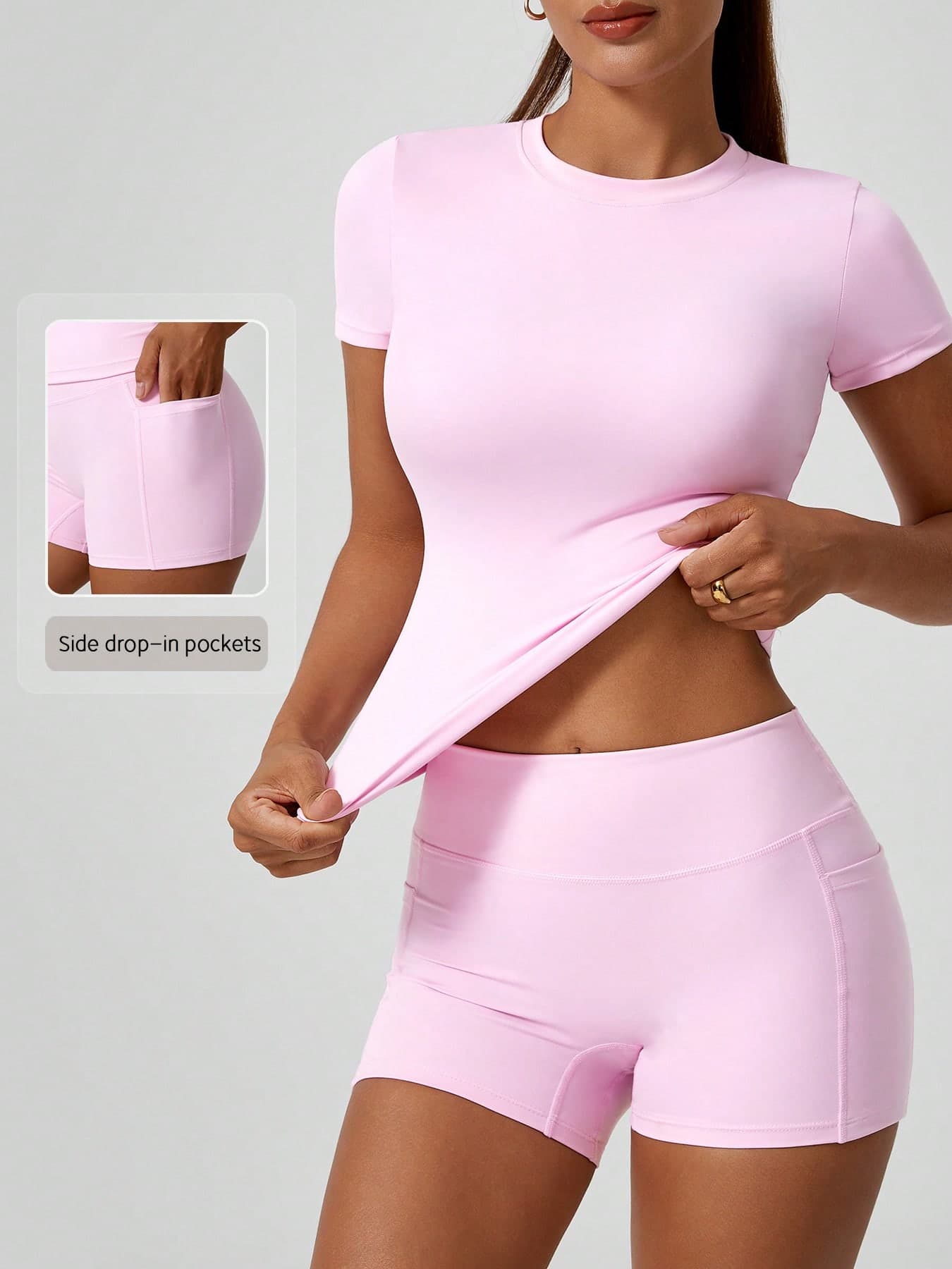 NcmRyu Women's Dance & Casual Sports Fitness Sweet Short Sleeve Butt-Lifting Shorts Activewear Set Pink Summer