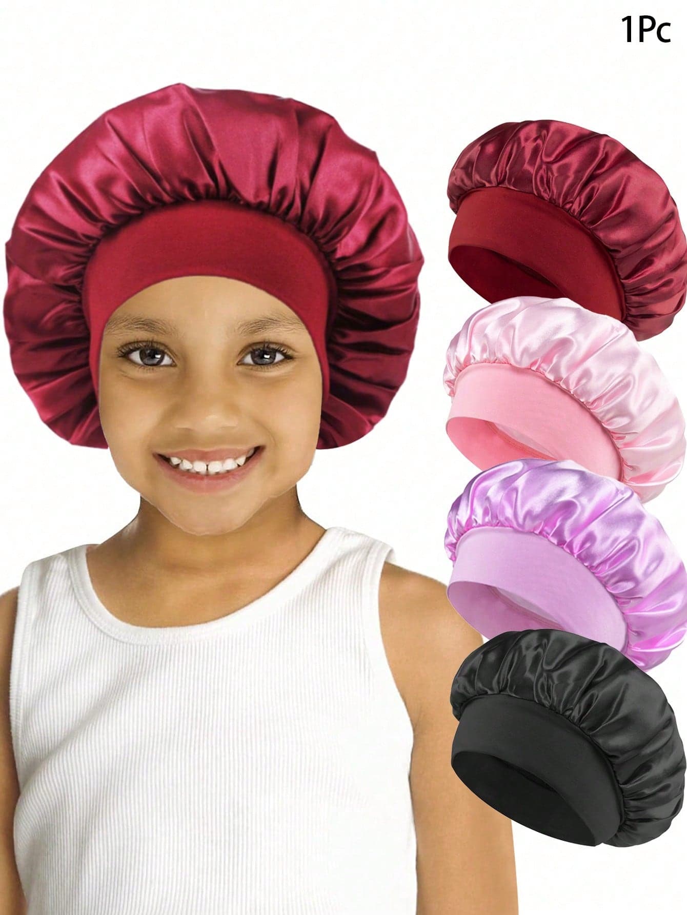 Awegeo 1Pc Children's Solid Color Wide Brim Elastic Silky Satin Fashion Sleep Bonnet, Casual Comfortable Soft Breathable Hair Protection Cap