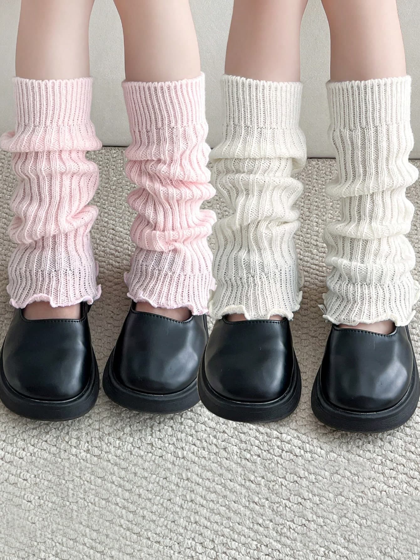 2/1 Pair Knitted Leg Warmers, Calf Sleeves, Leg Gaiters For Kids & Teens, Warm, Ribbed, Solid Colors (White, Black, Khaki, Gray, Pink, Red), Frill Trim, Fashionable & Cute, Suitable For Daily Wear & Gifts, Autumn/Winter