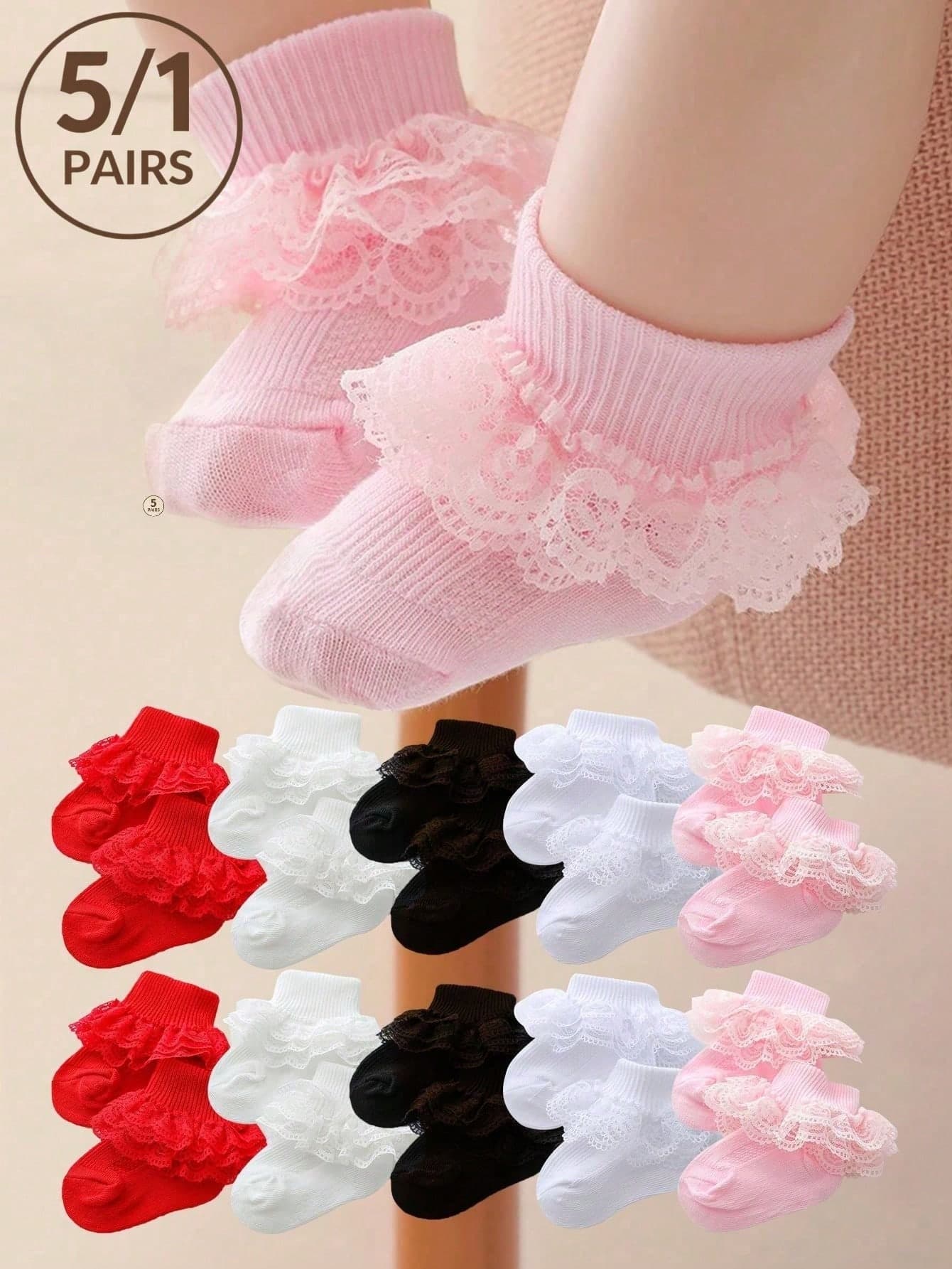 5/1 Pair Baby Lace Socks, Suitable For 0-3 Years Old Girls, Christmas New Year Gift Socks, Princess Socks, Pink Black Red Beige White, All Season Daily Wear