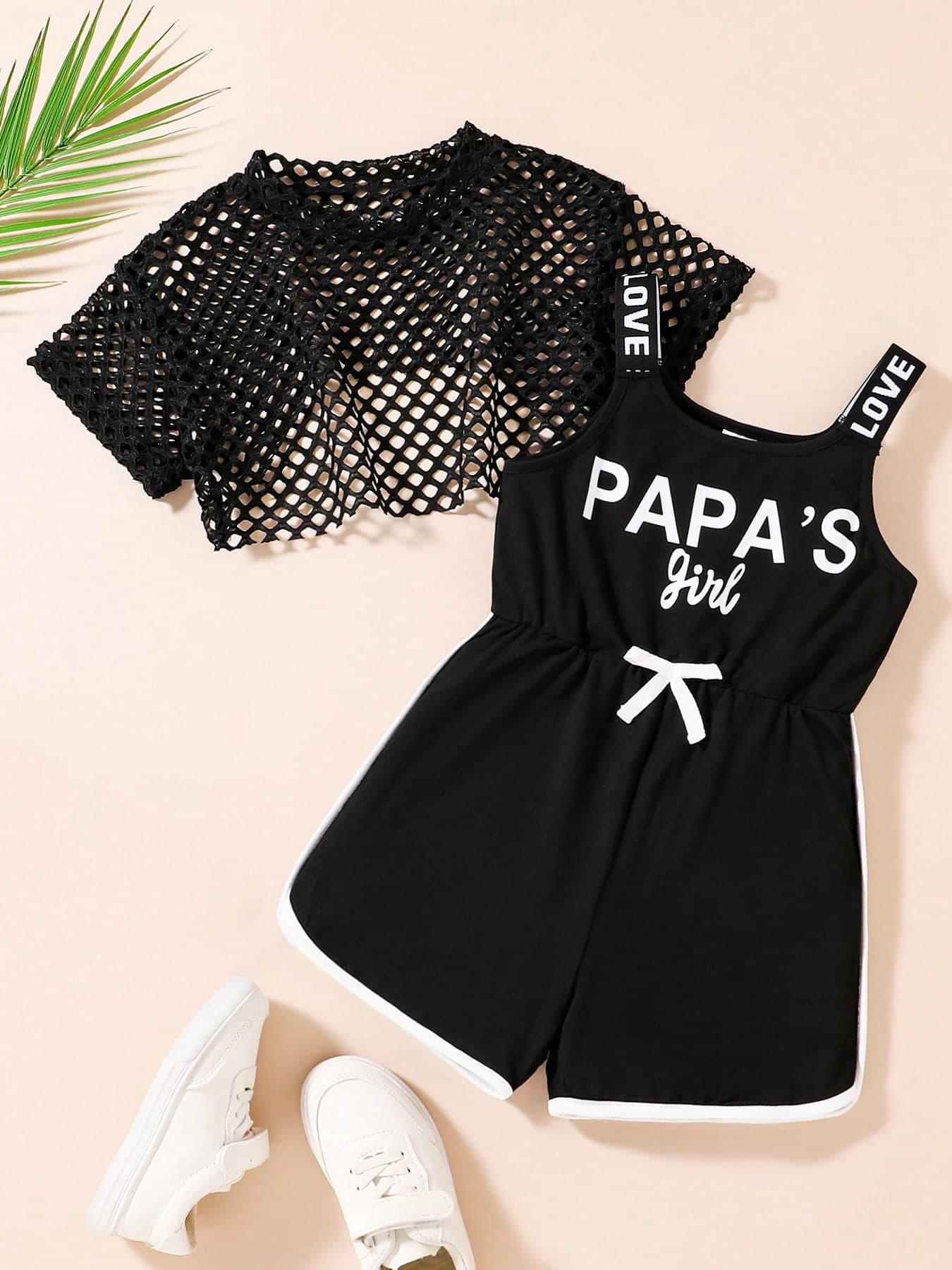 2pcs Young Girl Solid Color Mesh Breathable Cropped Top & Letter Print Sporty Strap Jumpsuit Set, Fashionable & Comfortable Knitted Outfit