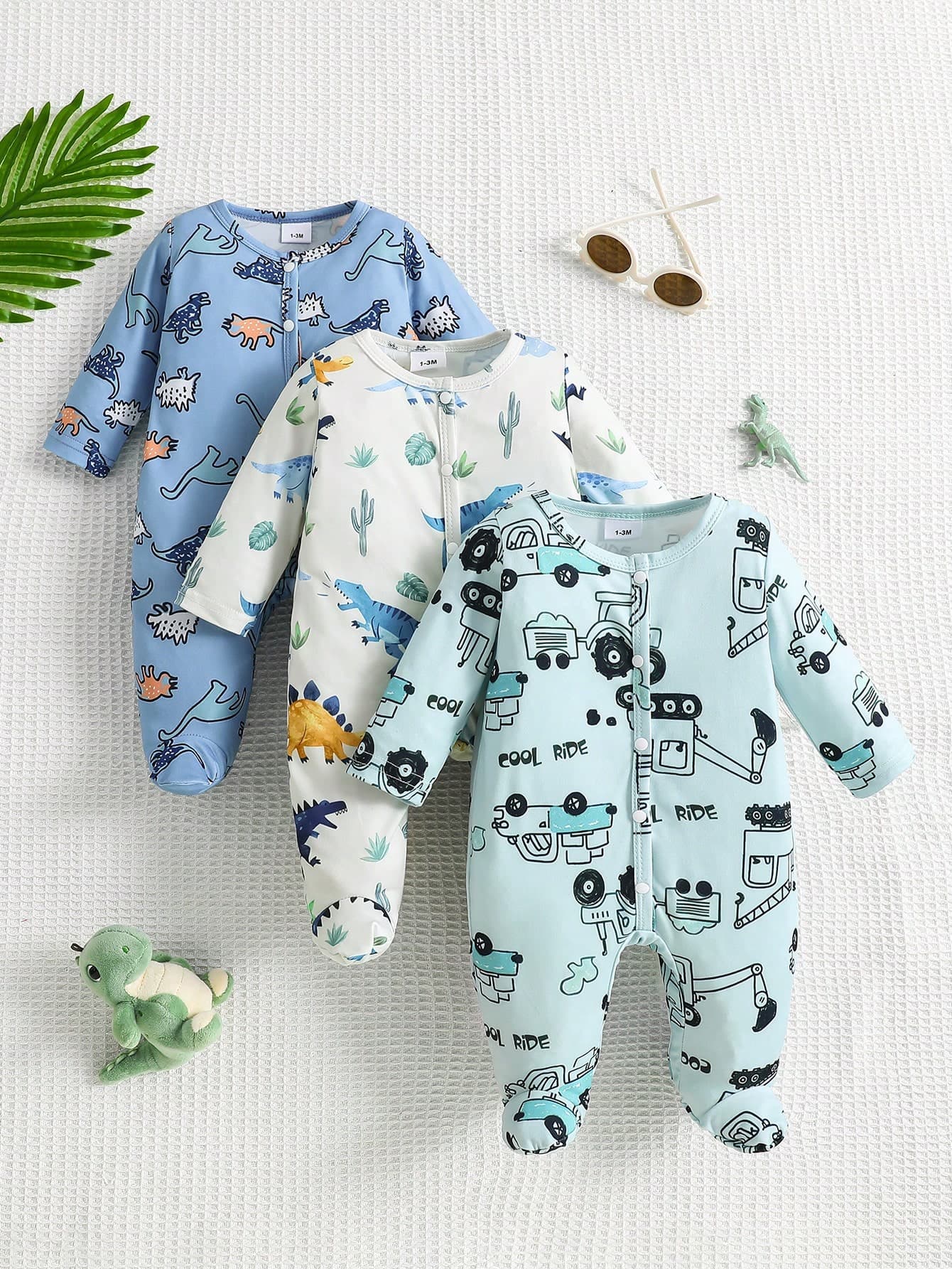 3pcs/Set Plant & Dinosaur Animal Print Baby Newborn Romper