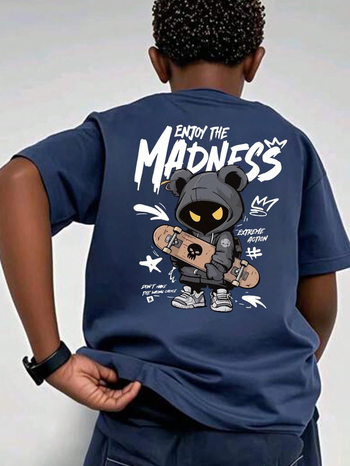 Boys' Summer Casual "Enjoy The Madness" Skateboard Bear Graphic Print Round Neck Short Sleeve T-Shirt, Children Street Style Loose Fit Daily Wear Top