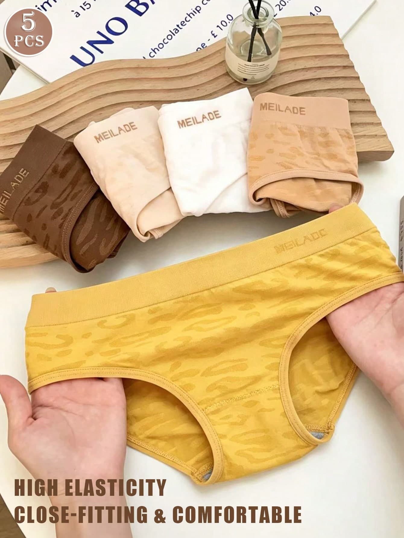 5pcs Seamless Mid-Waist Leopard Print Women's Panties, Maillard Color High Elastic Comfortable Breathable Women's Underwear