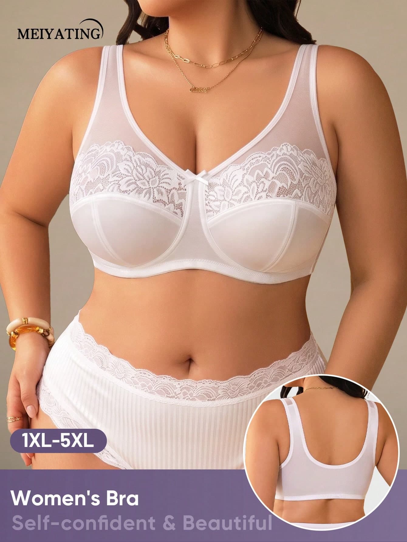 MEIYATING 1pc Women's Plus Size Bra, Mesh Patchwork, Lightweight & Breathable, Floral Lace, Push-Up & Support, U-Shaped Back, Bowknot, Tank Top Style, White
