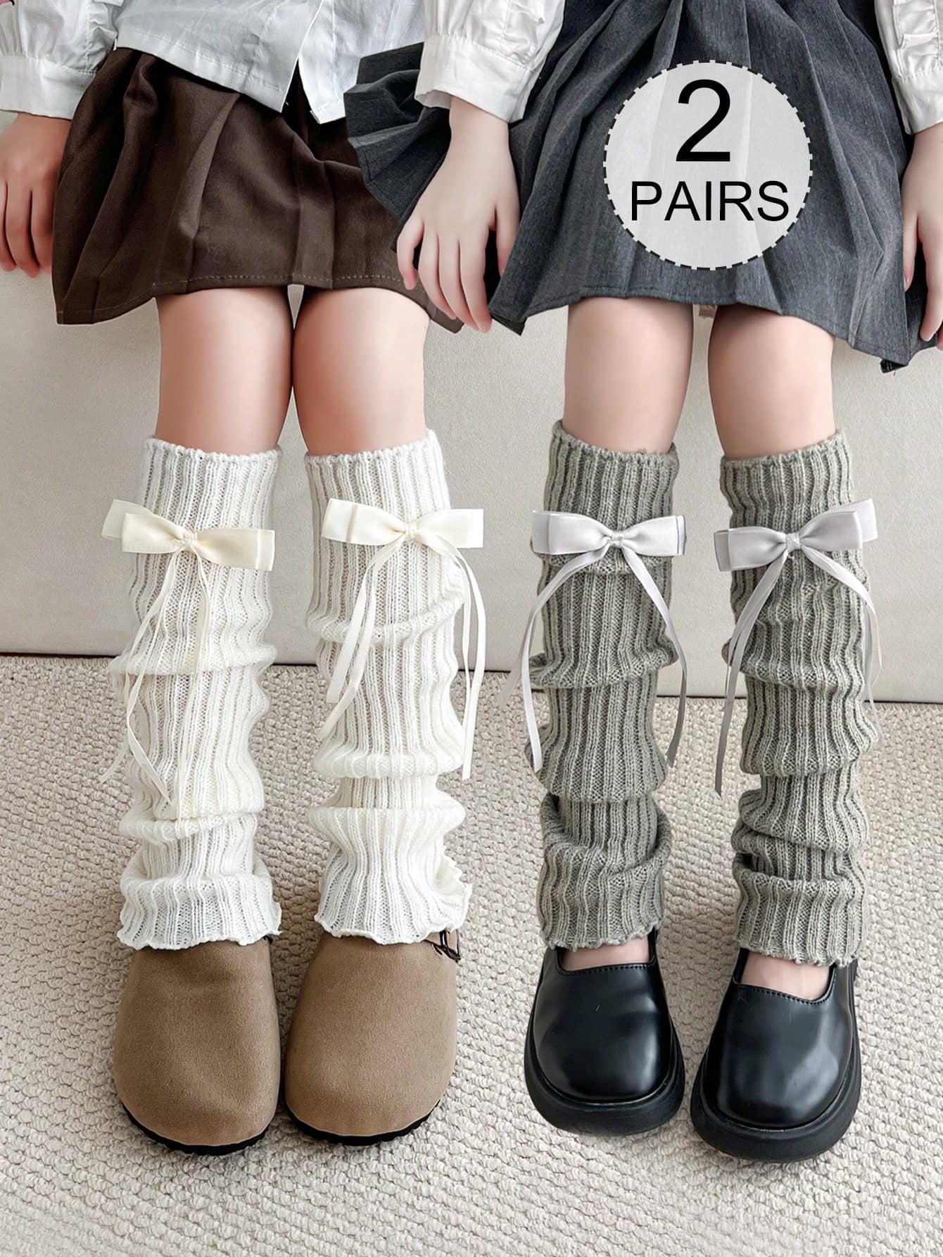 2/1 Pair Knitted Leg Warmers, Calf Sleeves, Leg Gaiters For Kids & Teens, Ribbed Warm Leg Covers With Bow, Fashion Cute Solid Color Leg Warmers, Suitable For Daily Wear And Gifts, Autumn/Winter