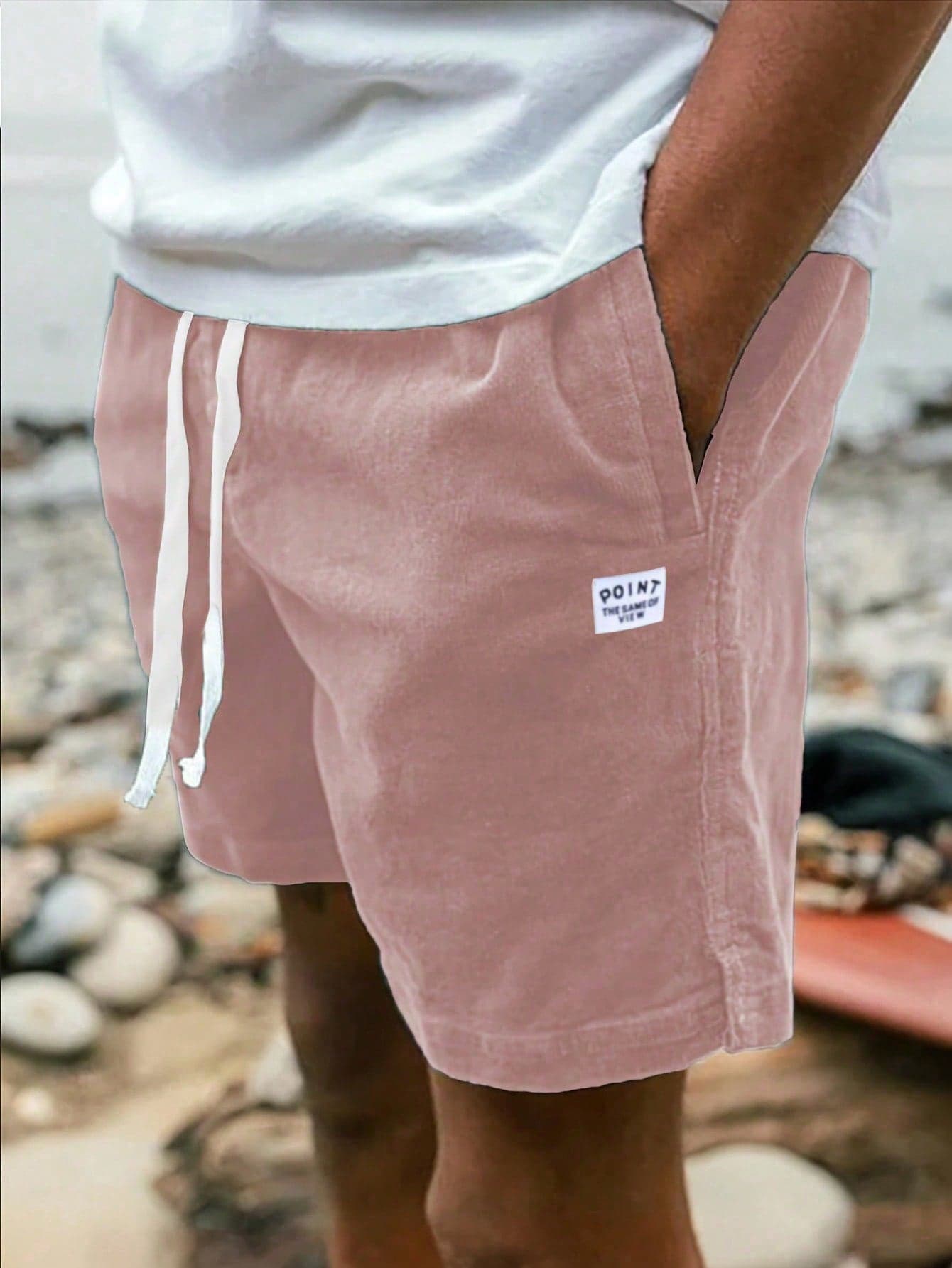 Lightweight Corduroy Polyester Material Beach Casual Loose Thin Solid Color Summer Men's Drawstring Shorts, Suitable For Outings And Commuting
