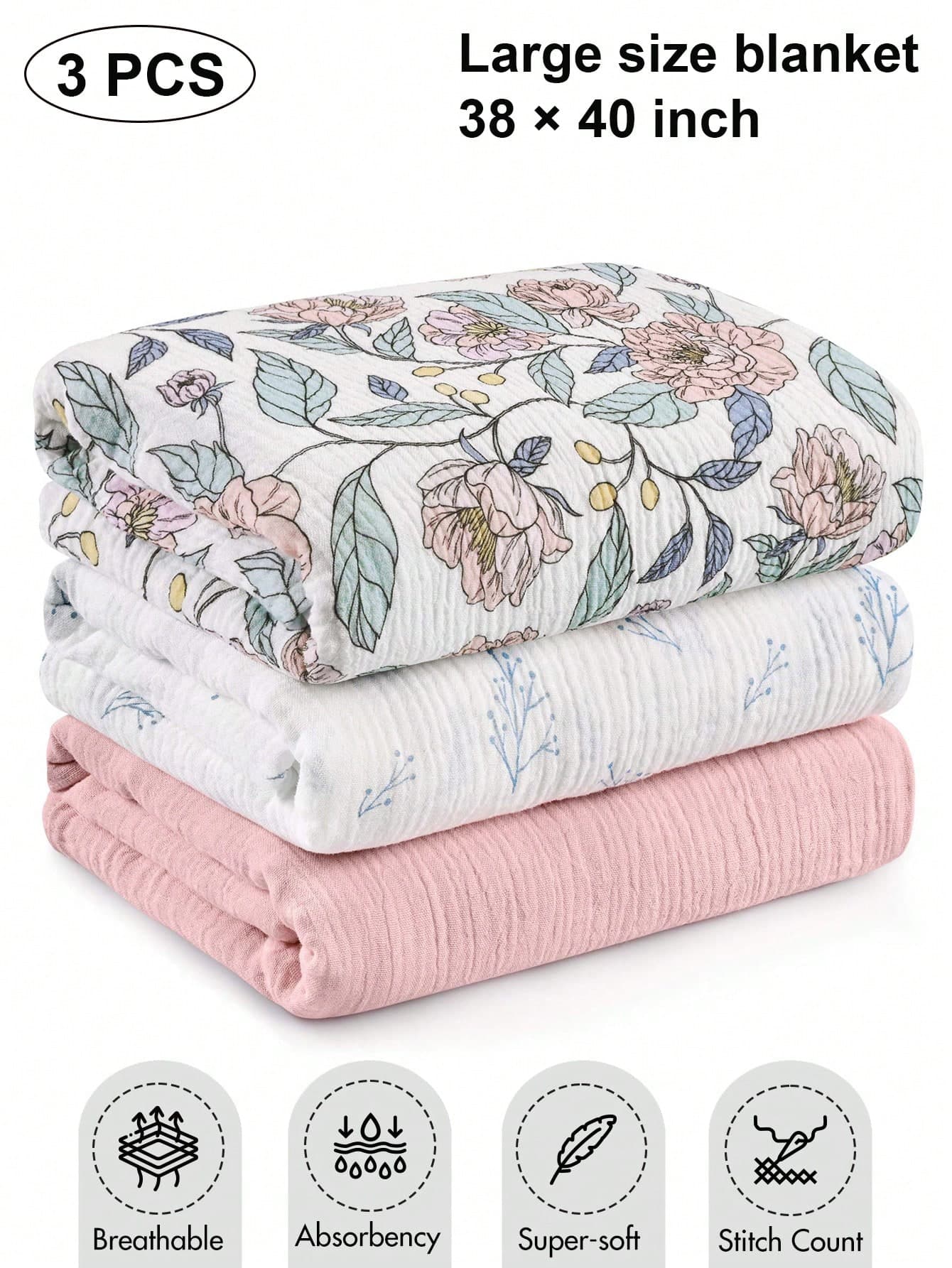 3pcs/Set Baby Gauze Blankets, Pure Cotton Breathable Soft Newborn Receiving Blankets, Large 38 X 40 Inches, Burp Cloths, Essential Baby Baptism Supplies