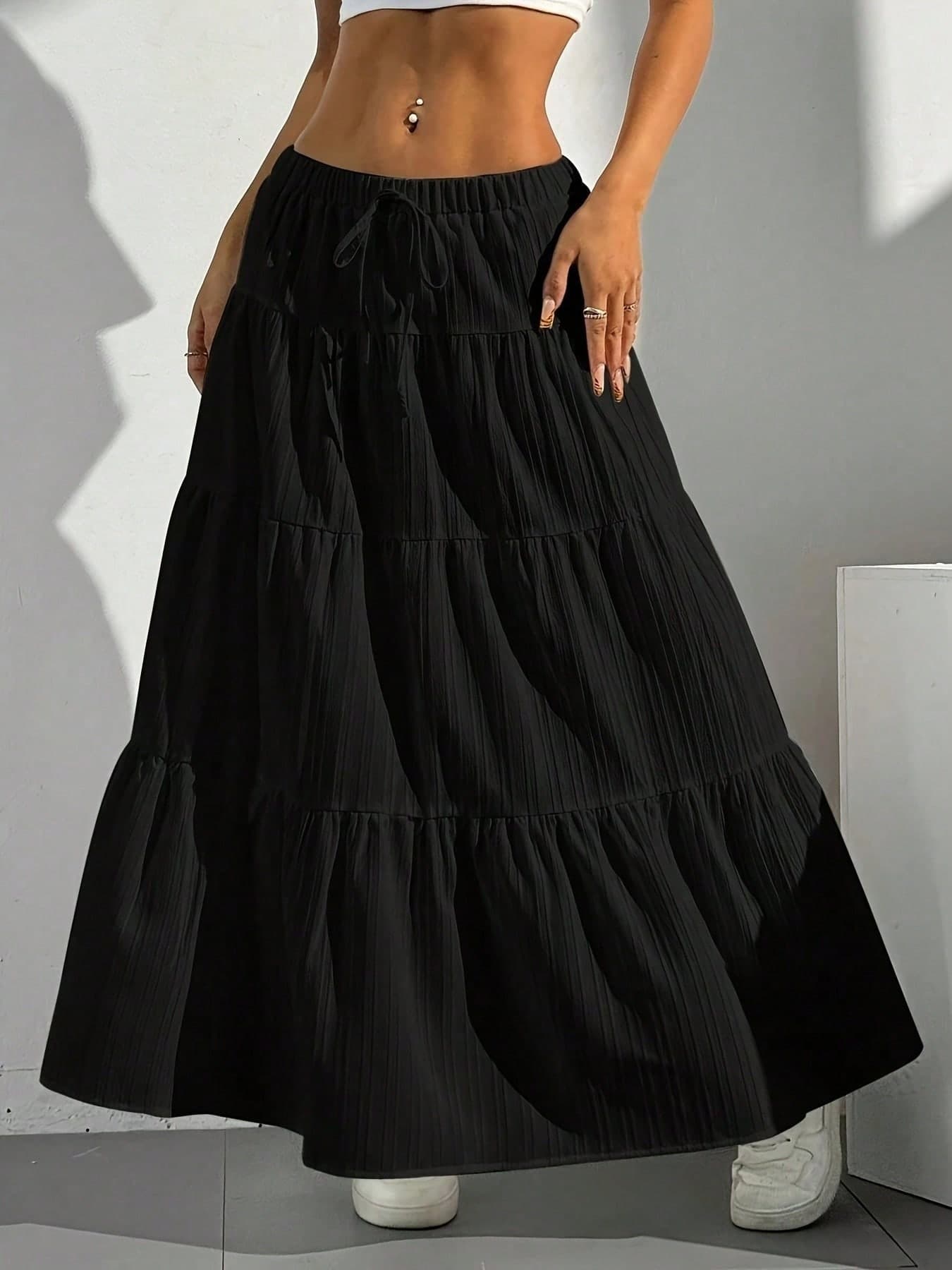 Women's Casual Drawstring Waist Multi-Layer Cake Hem Skirt, Loose & Comfortable, Spring/Summer Black