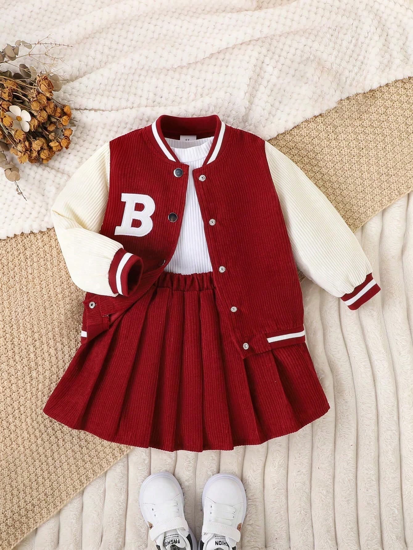 2pcs/Set Young Girl Baseball Jacket & Corduroy Skirt, College Style, Autumn/Winter