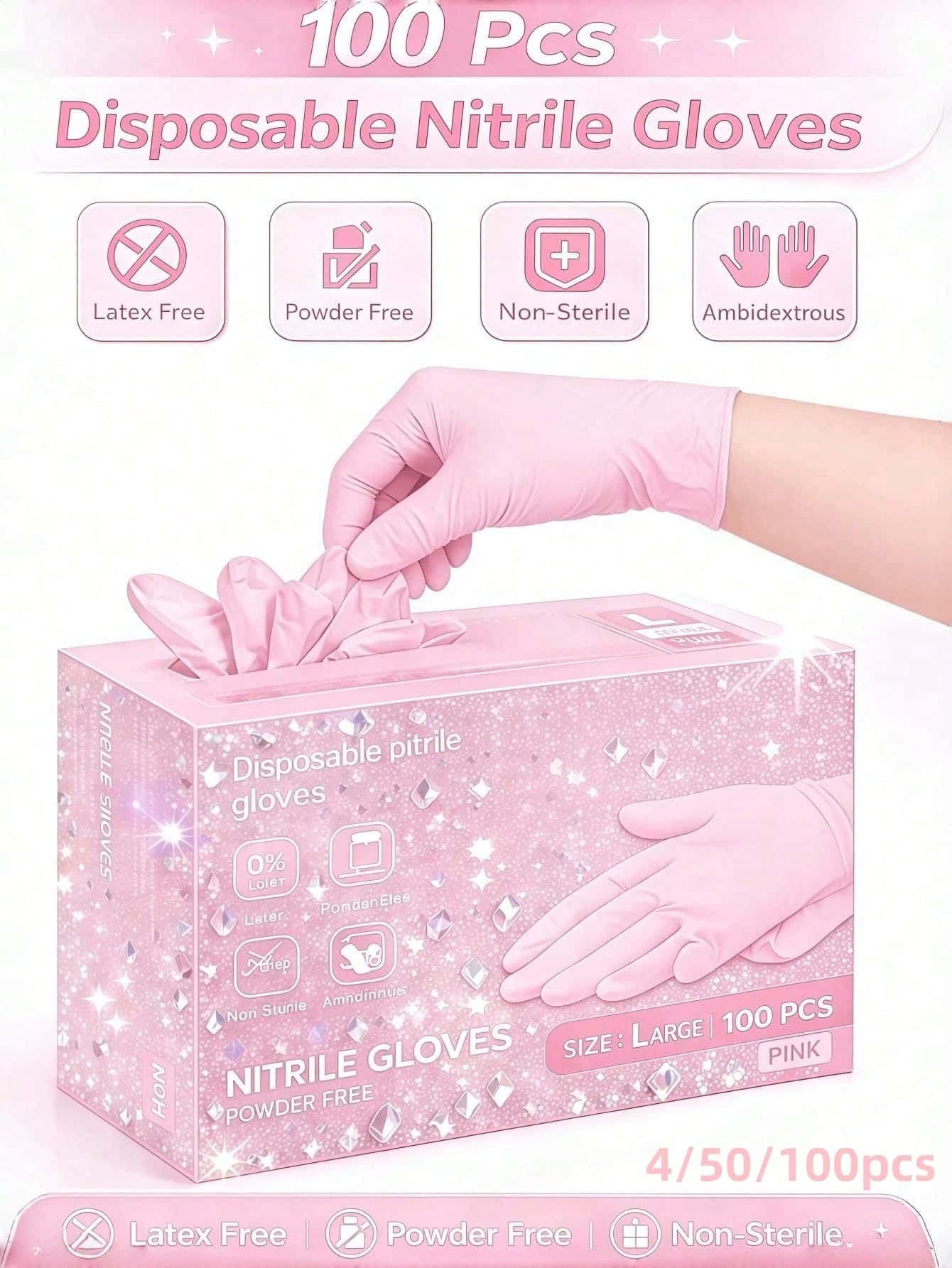 Powder-Free Pink Disposable Nitrile Gloves, No Box, Durable Household Cleaning Gloves, Latex-Free, Waterproof, Anti-Static, Multi-Purpose Gloves, Latex-Free, Linen Finger Cots, Suitable For Hair Dyeing, Beauty & Hair Care, Painting, Arts & Crafts, Home Cleaning, Kitchen, Bathroom, Home Decor, Holiday Gifts, Party Gifts. Size: S, M, L, XL, 4/50/100pcs