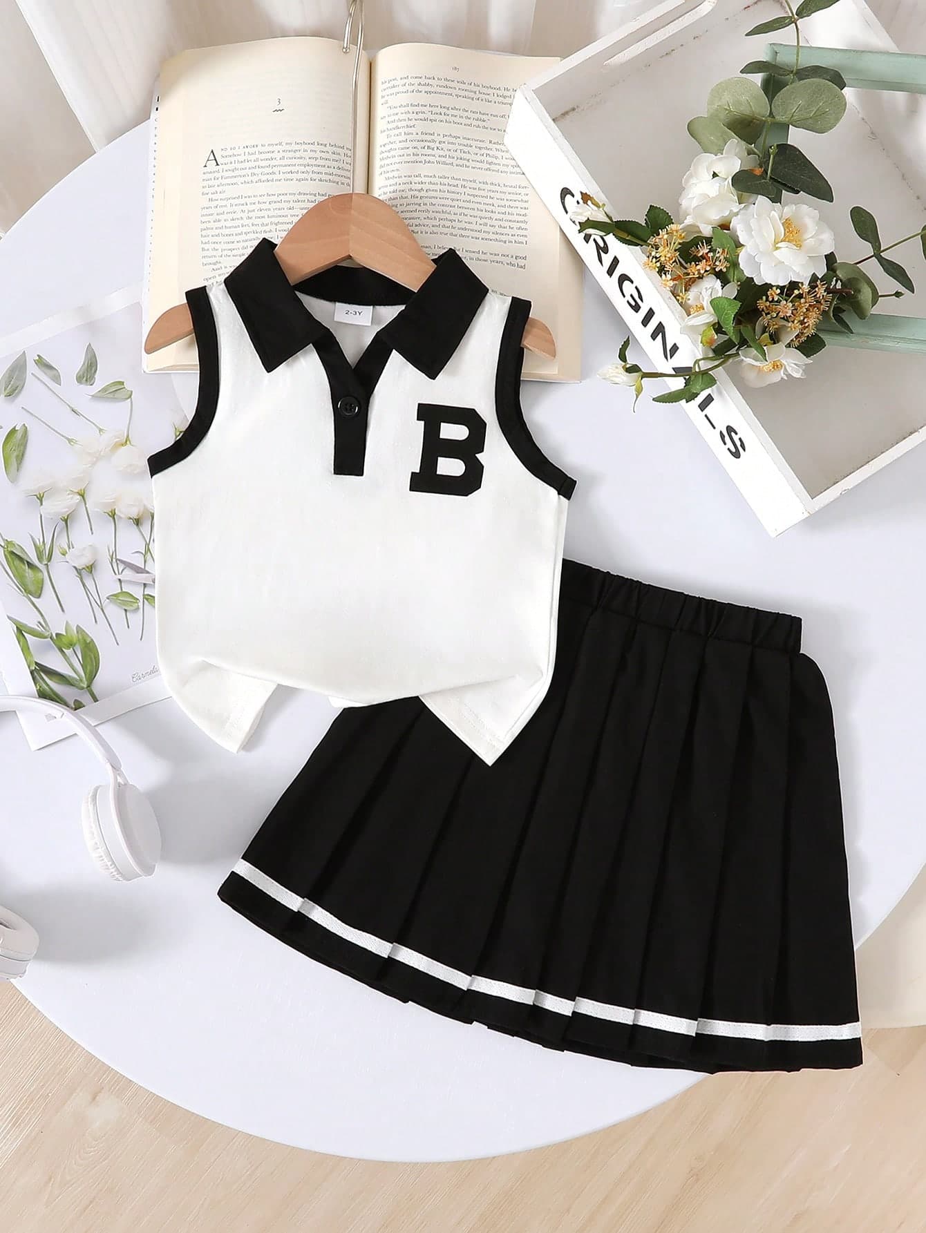 2pcs/Set, Little Girl, Casual Fashion Elegant Cute, Soft Comfortable, Letter Print Color Block Collar Top And Simple Pleated Skirt, Girls Clothing Set, Children Girls Clothing, Girls Outfit, Suitable For Summer Daily Wear, Vacation, Party, Home, Outdoor Activities
