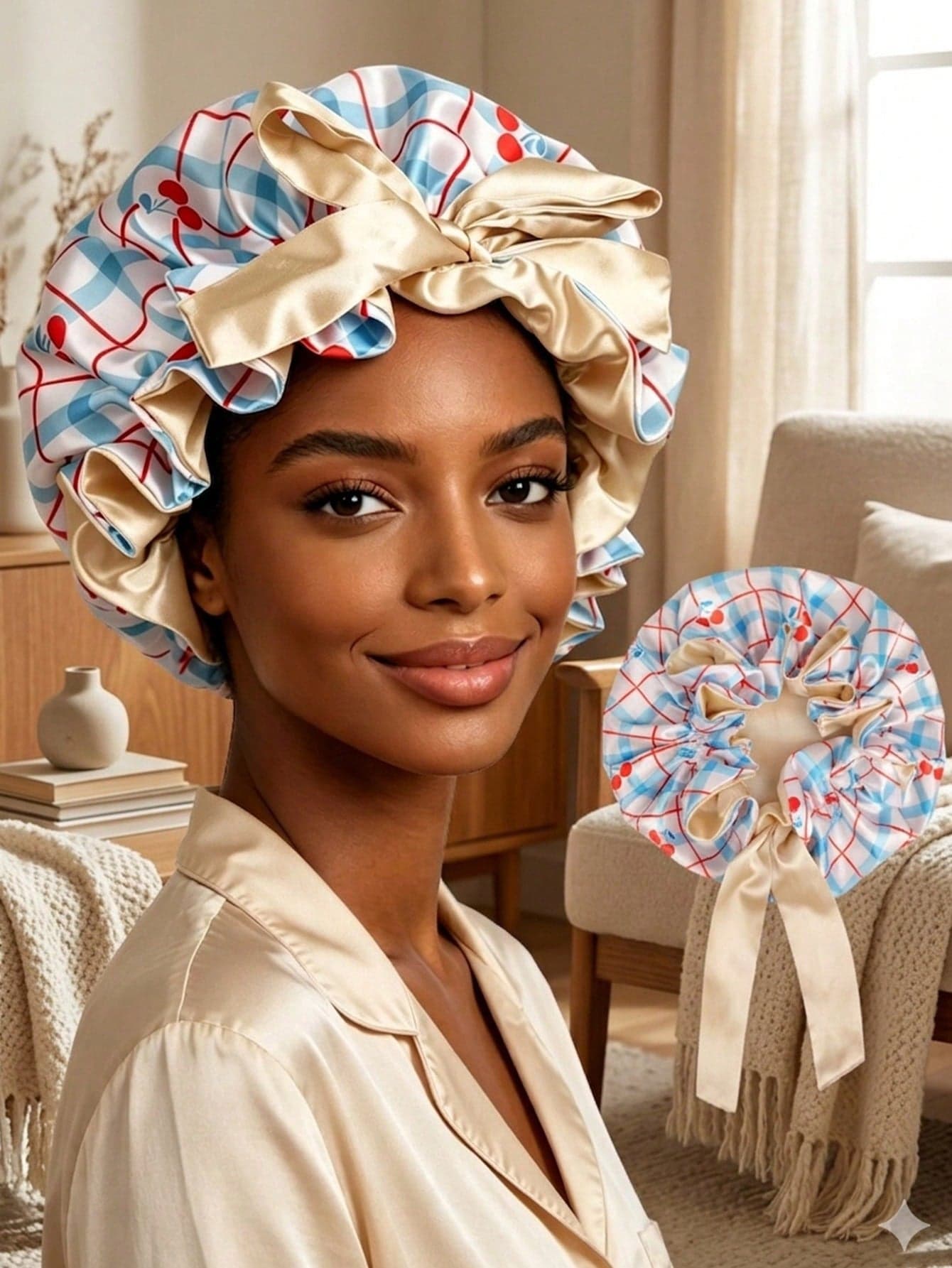Double Layer Color Block Satin Sleep Cap Wig Cap