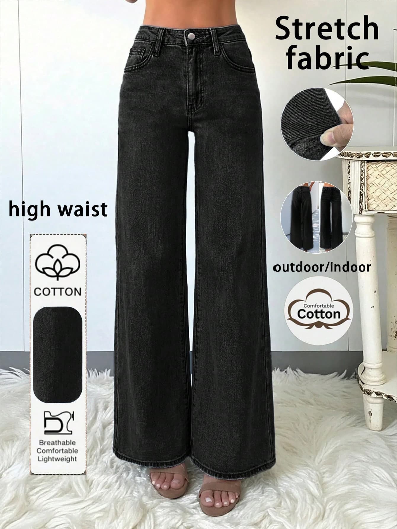 Elegant & Casual Women's Wide Leg Jeans, Denim Fabric, Solid Color Washed, Full Length, Medium Stretch Black