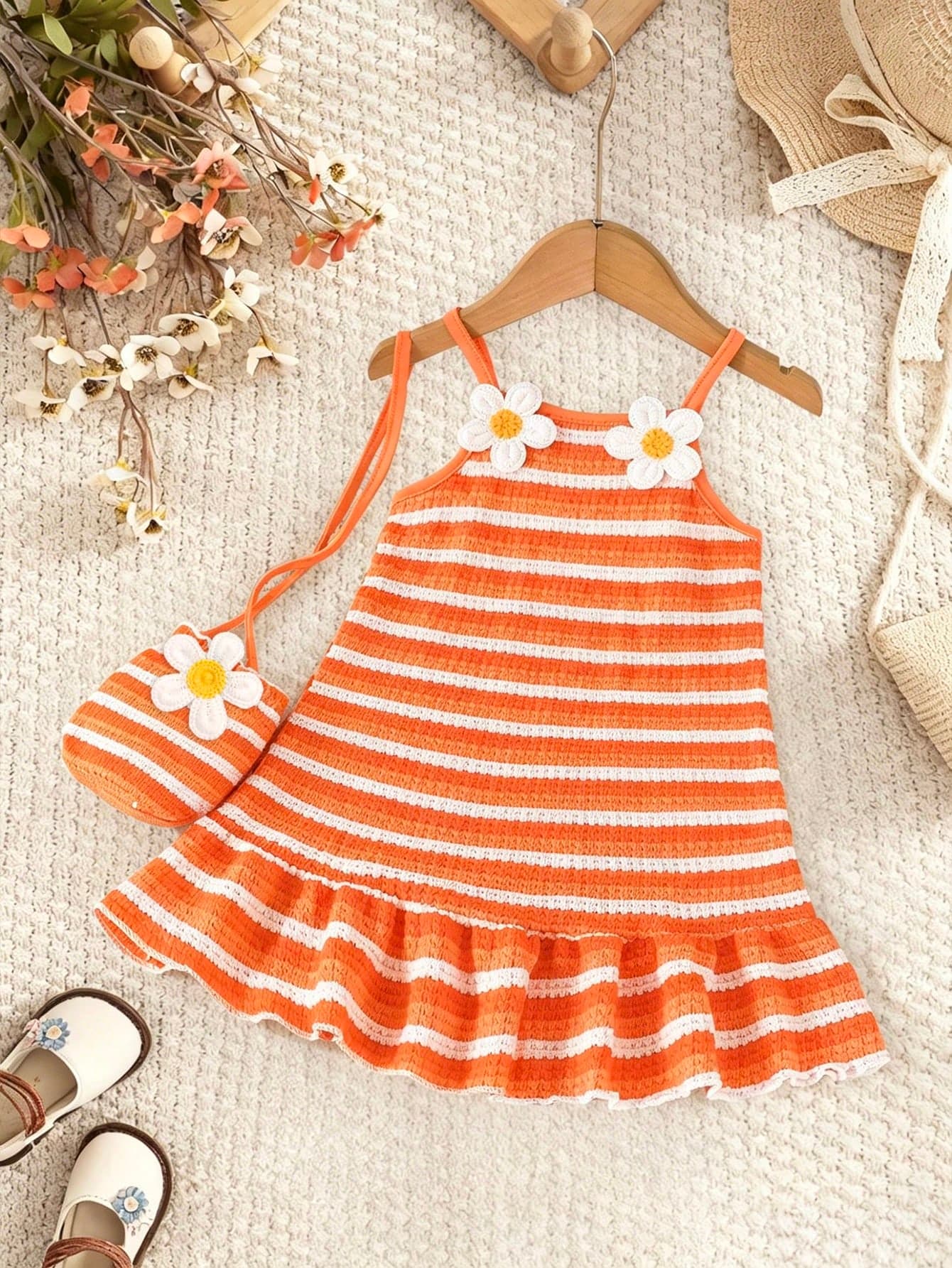 1pc Baby Girls' Summer Sleeveless Dress Set, Toddler Orange & White Striped Scoop Neck Floral Decor Dress + Matching Knit Accessory Dress, Cute & Elegant For Newborn, 0-1-2-3 Years Old, 6-9 Months, Suitable For Outdoor, Casual, Party, Holiday Gift