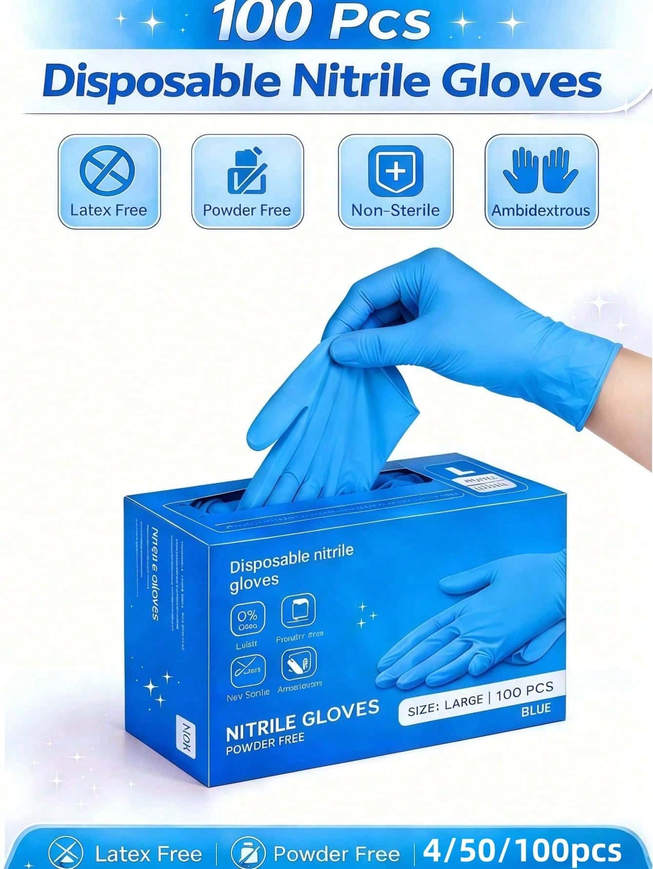 Powder-Free Blue Disposable Nitrile Gloves, No Box, Durable Household Cleaning Gloves, Latex-Free, Waterproof, Anti-Static, Multi-Purpose Gloves, Latex-Free, Linen Finger Cots, Suitable For Hair Dyeing, Beauty & Hair Care, Painting, Arts & Crafts, Home Cleaning, Kitchen, Bathroom, Home Decor, Holiday Gifts, Party Gifts. Size: S, M, L, XL, 4/50/100pcs