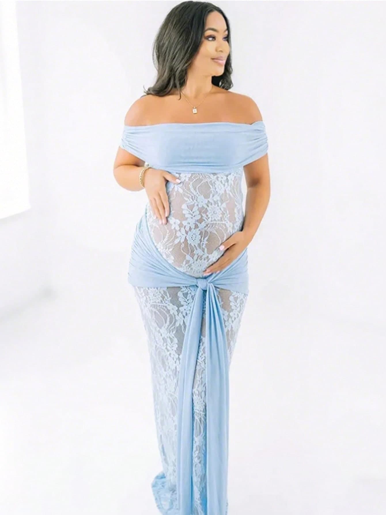 JustVH Maternity Sexy Off The Shoulder See-Through Lace Twist Waist Summer Dress For Photoshoot,Baby Shower,Beach