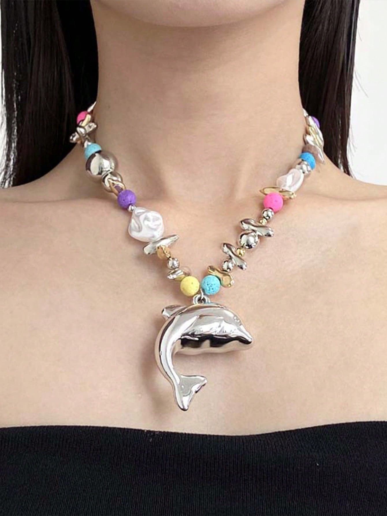 1pc Summer Dolphin Pendant Asymmetric Pearl Bohemian Silver Alloy Round Bead Colorful Resin Beaded Necklace Women Beach Travel Daily Street Vacation Personalized Outfit Accessory