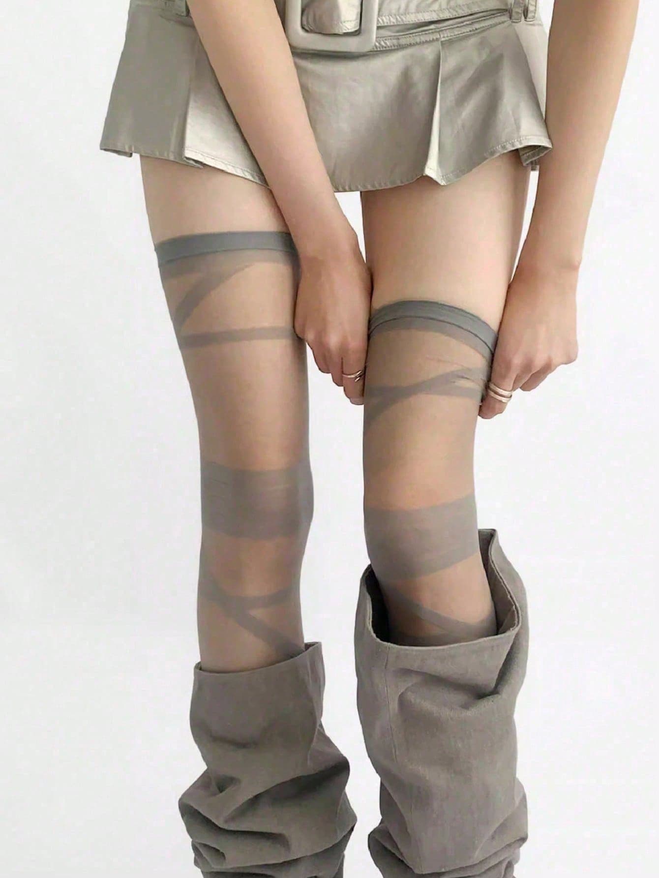1 Pair Y2K Gothic Punk Transparent Thigh High Socks For Women - Criss-Cross Strap Striped Mesh Stockings