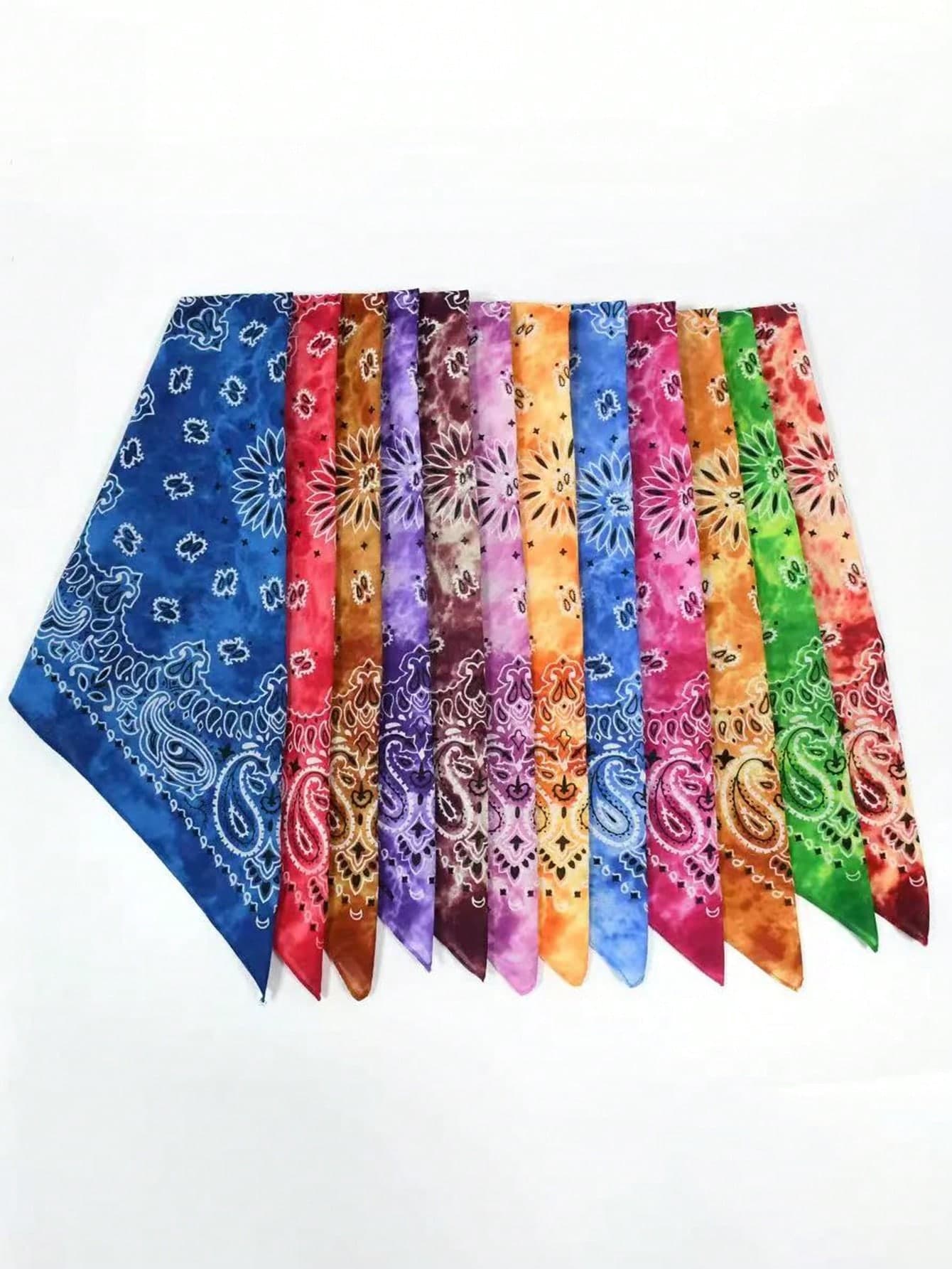 7pcs Fashion Tie-Dye Colorful Cashew Flower Print Unisex Square Scarf, Versatile Headscarf, Neck Scarf, Shawl For Outdoor Travel