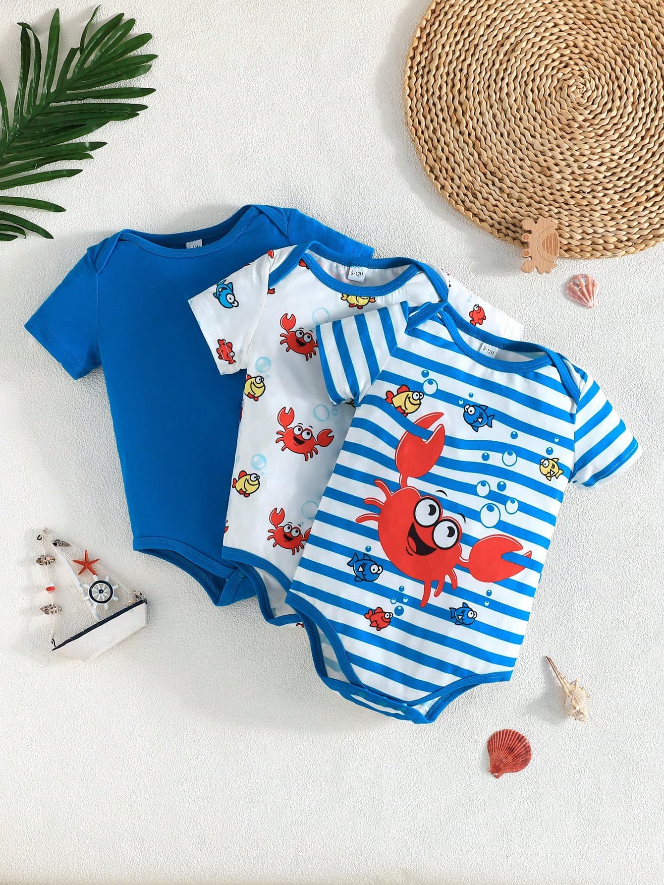 3pcs/Set Newborn Baby Cute Crab Print Outdoor Casual Romper, Short Sleeve Bodysuit, Comfortable & Easy To Wear, Summer