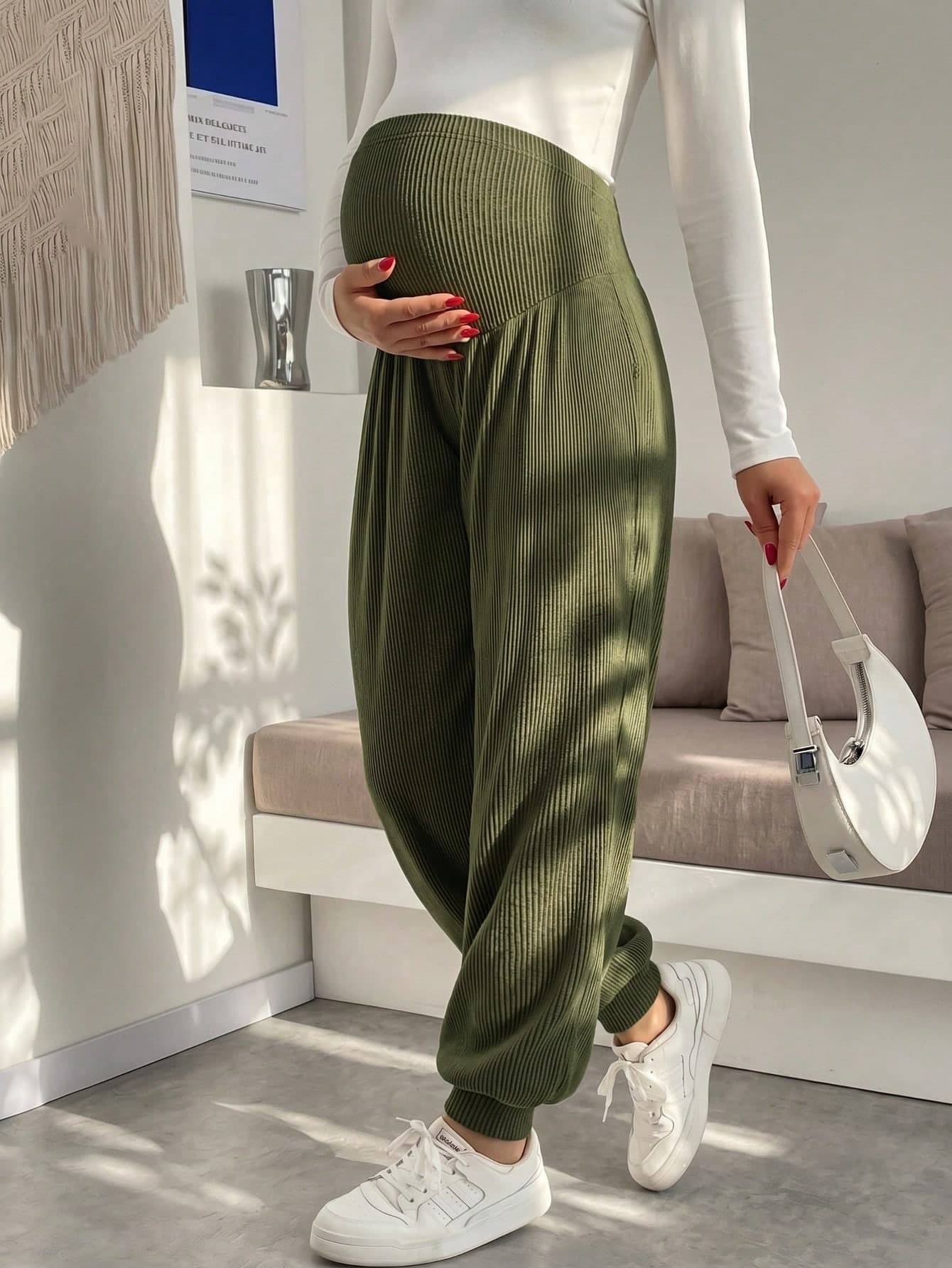 Maternity Casual Comfortable Stretch Harem Pants, Military Green, Elastic Cuffs, Suitable For Daily Wear And Vacation (JH25130)