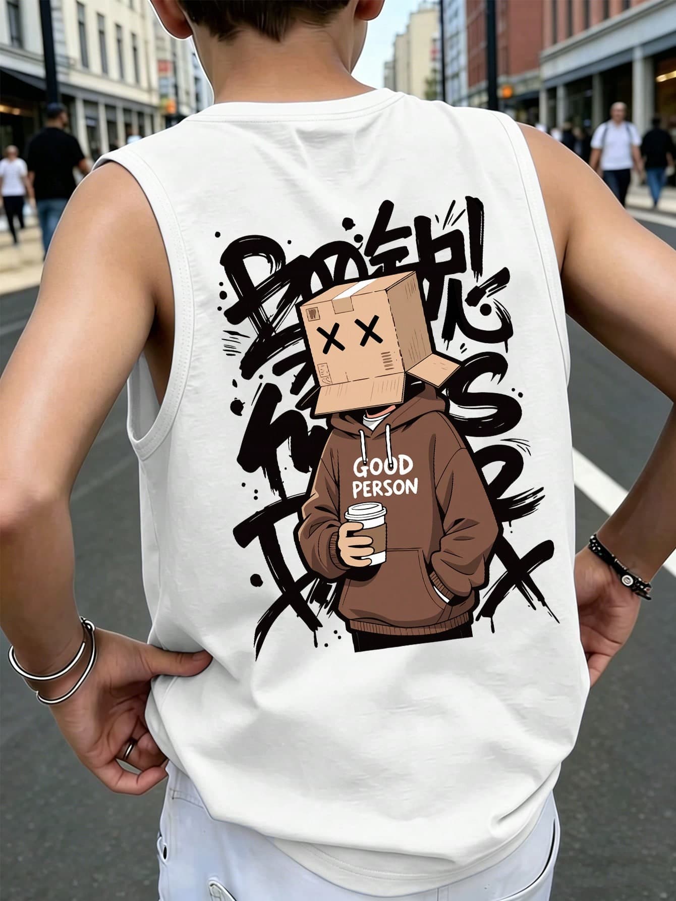 Teen Boys Casual Graffiti Font & Cardboard Box Pattern Print Crew Neck Tank Top, Summer New Comfortable Boys Top