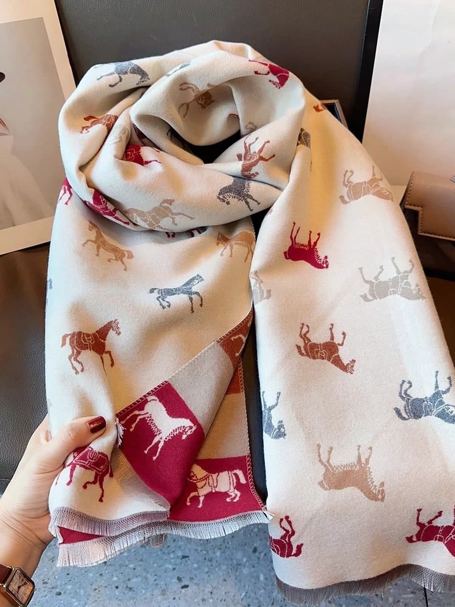 1pc Reddish Beige Pony Pattern Scarf For Women, Winter Warm Versatile Shawl 2-In-1 Air-Conditioned Room Office Cape Long Thick Neck Warmer