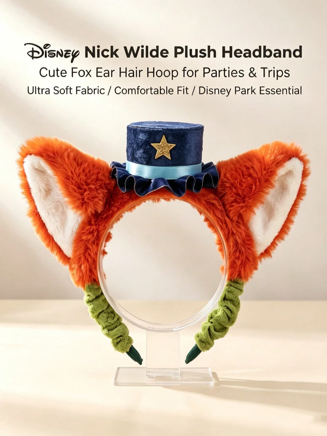 Disney Zootopia Nick Wilde Magician Fox Ear Plush Headband With Star Mini Top Hat, Soft Fluffy Hair Hoop For Disney Park Trip, Party Cosplay