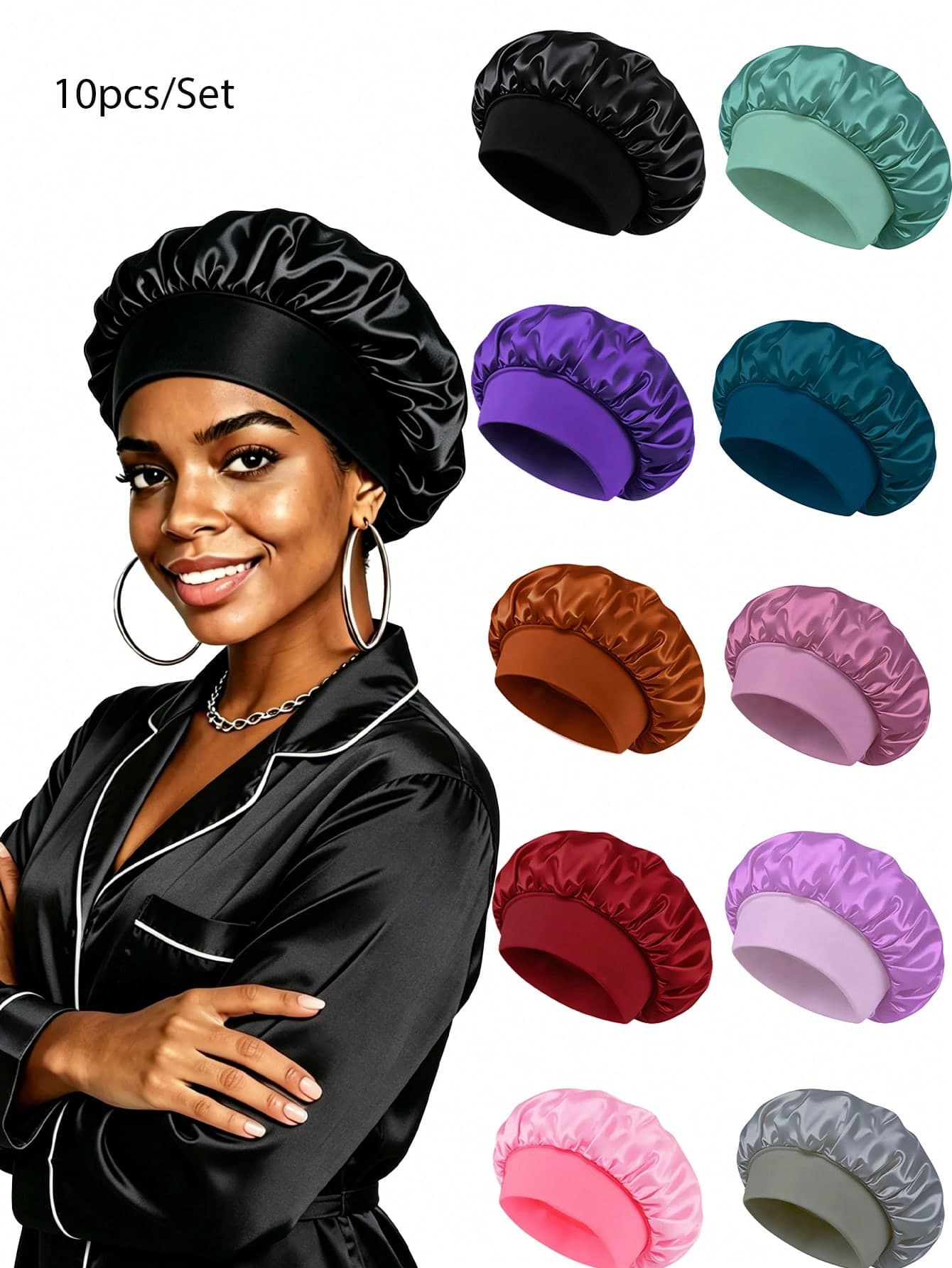 10pcs/Set Women's Multi-Color Satin Wide Brim Sleep Bonnets,Hair Cover, Suitable For Daily Use Sleep Bonnet,Stylish Satin Bonnets.