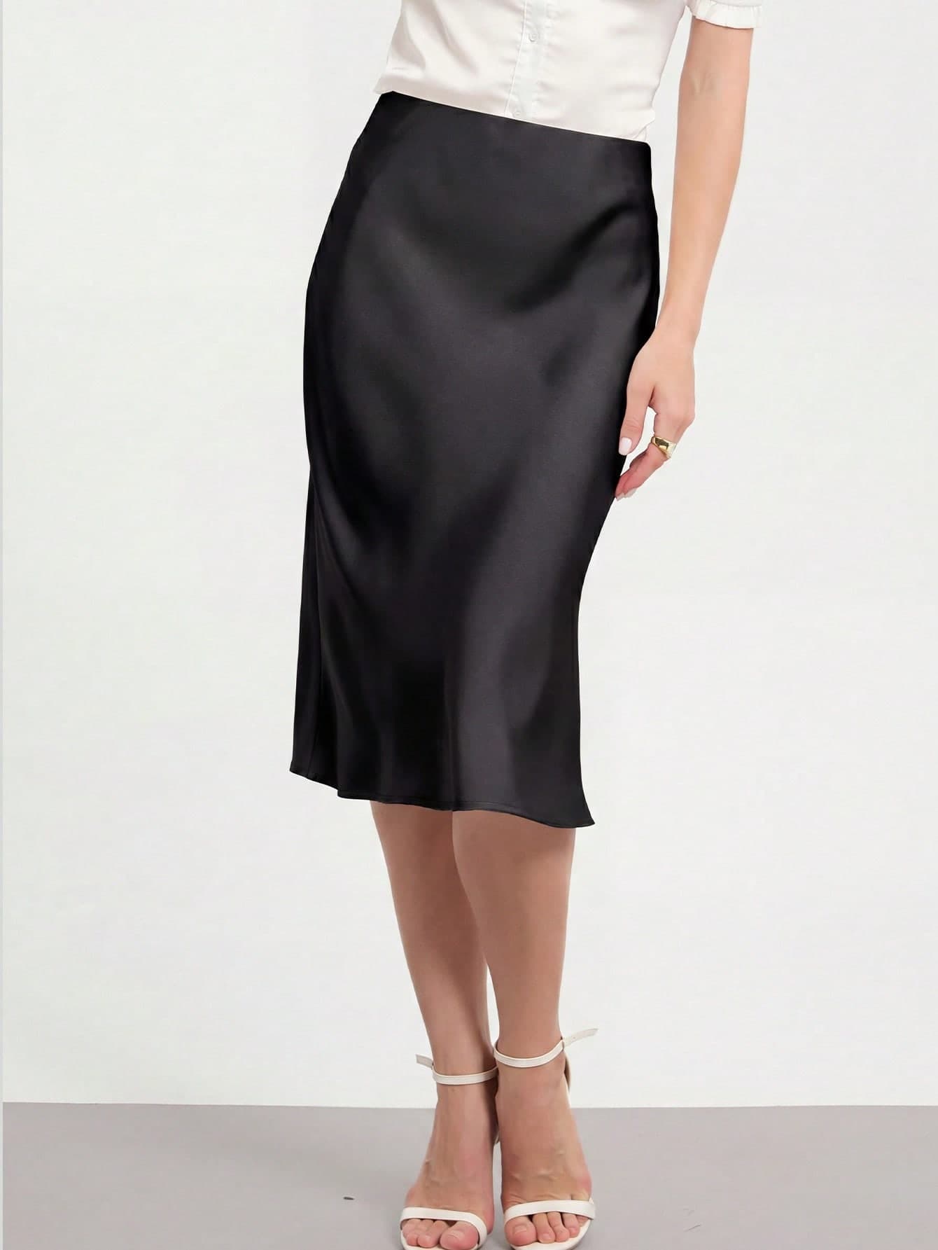 Se-Helo Women's High Waist Elastic Satin Midi Skirt, Elegant Casual All Season Black