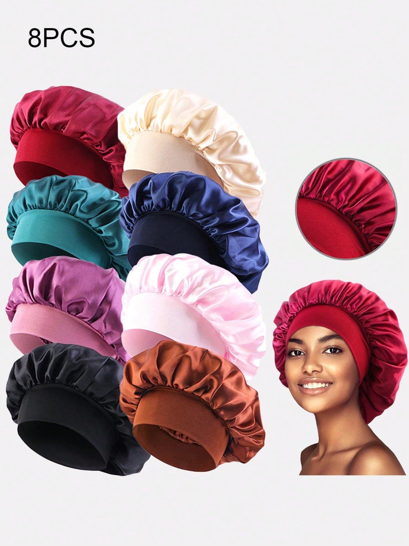 8pcs Women's Multicolor Satin Wide Brim Sleep Cap Hair Bonnet Suitable For Daily Use