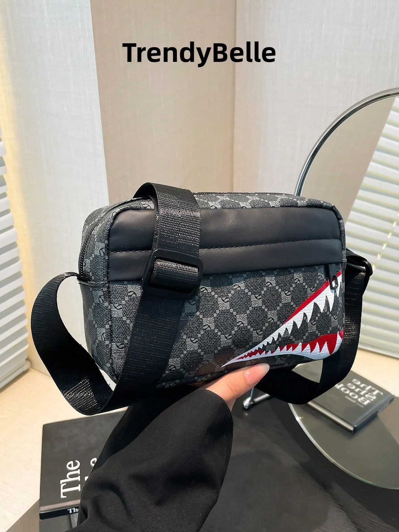 Men's Casual Shoulder Plaid Sports Crossbody Bag, Personalized Fashion Shark Mouth Small Square Bag, Business
