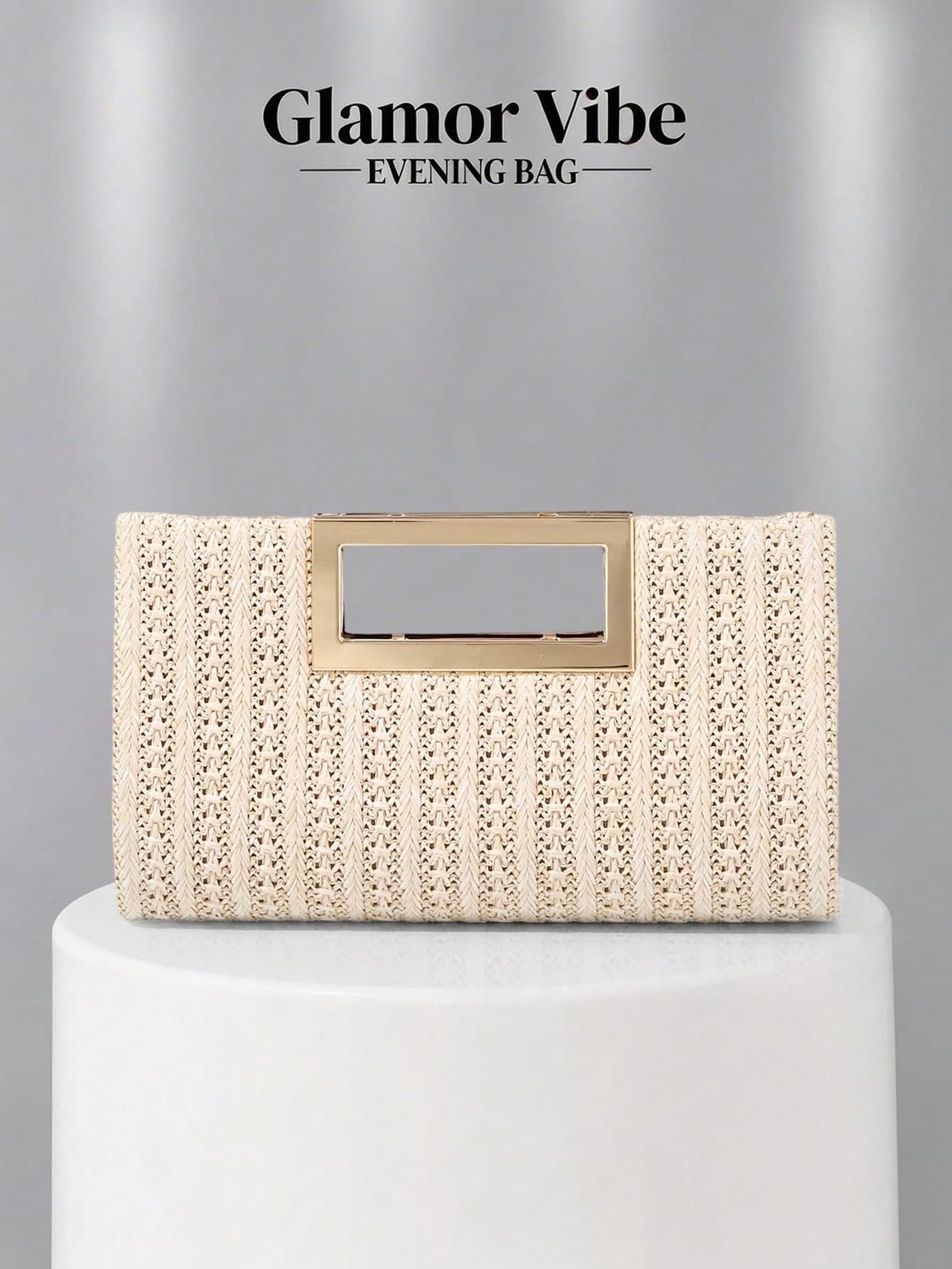 1pc Summer Beige Straw Clutch Bag, Women's Metal Chain Crossbody Bag, Party Wedding Envelope Handbag, Suitable For Evening Party, Wedding Bridesmaid, Summer Vacation, Date, Formal Occasions