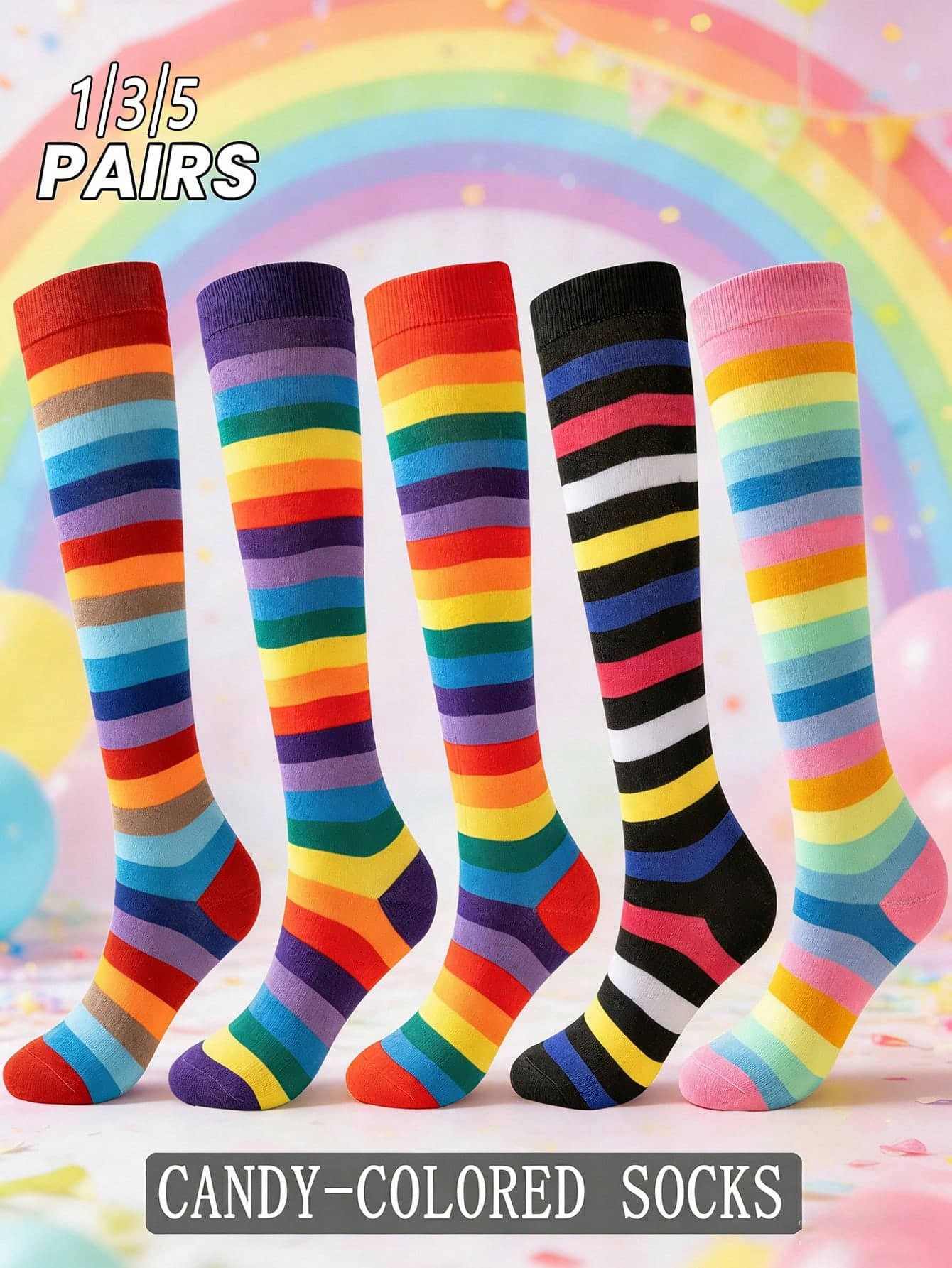 1/3/5 Pairs Women's Rainbow Color Breathable Sweat-Absorbing Calf Socks, Suitable For Party, Gathering, Holiday Outfits