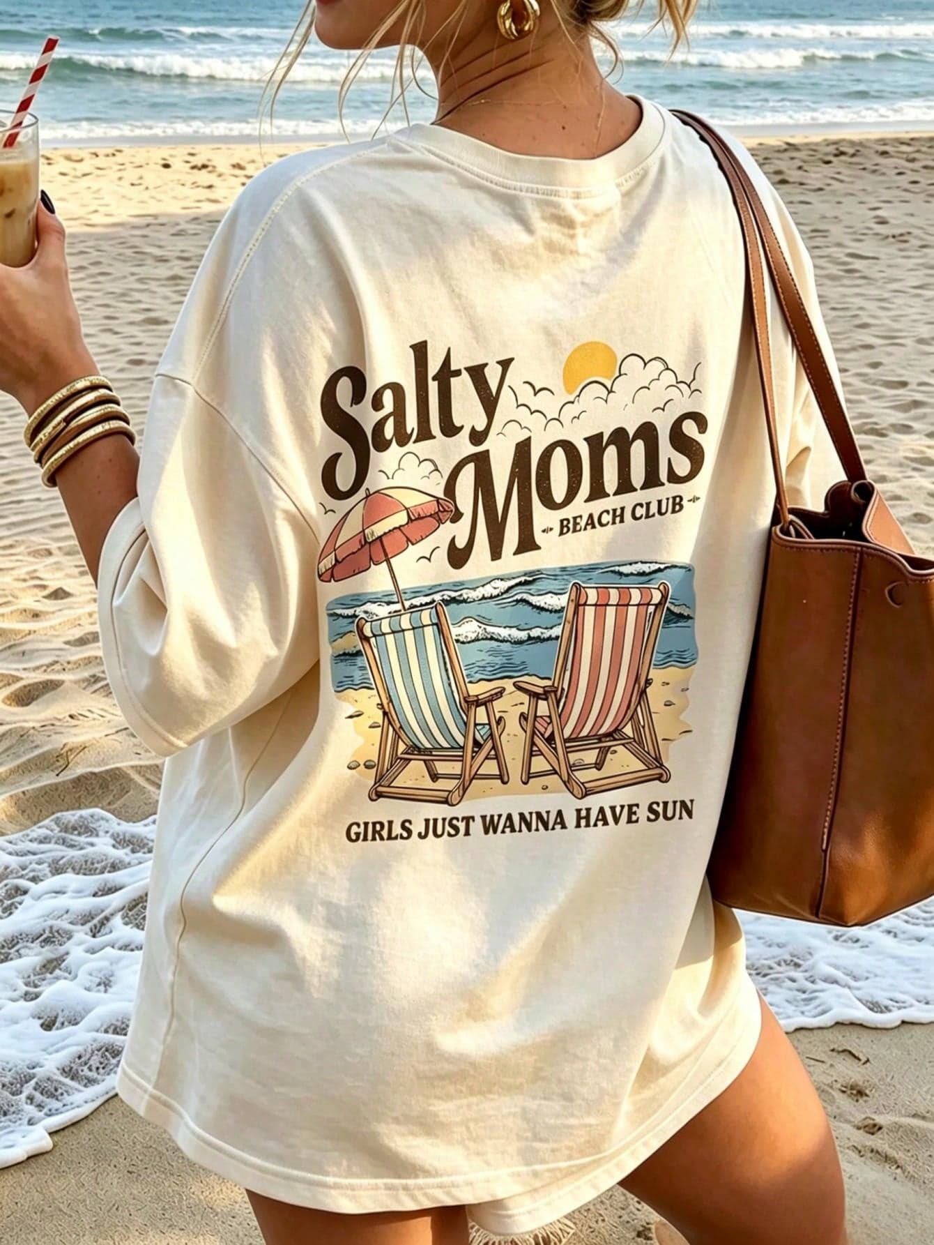 Women's Loose Fit Printed T-Shirt, Salty Moms Beach Club Printed T-Shirt, Casual Summer Beach Vacation Shirt, Slogan T-Shirt