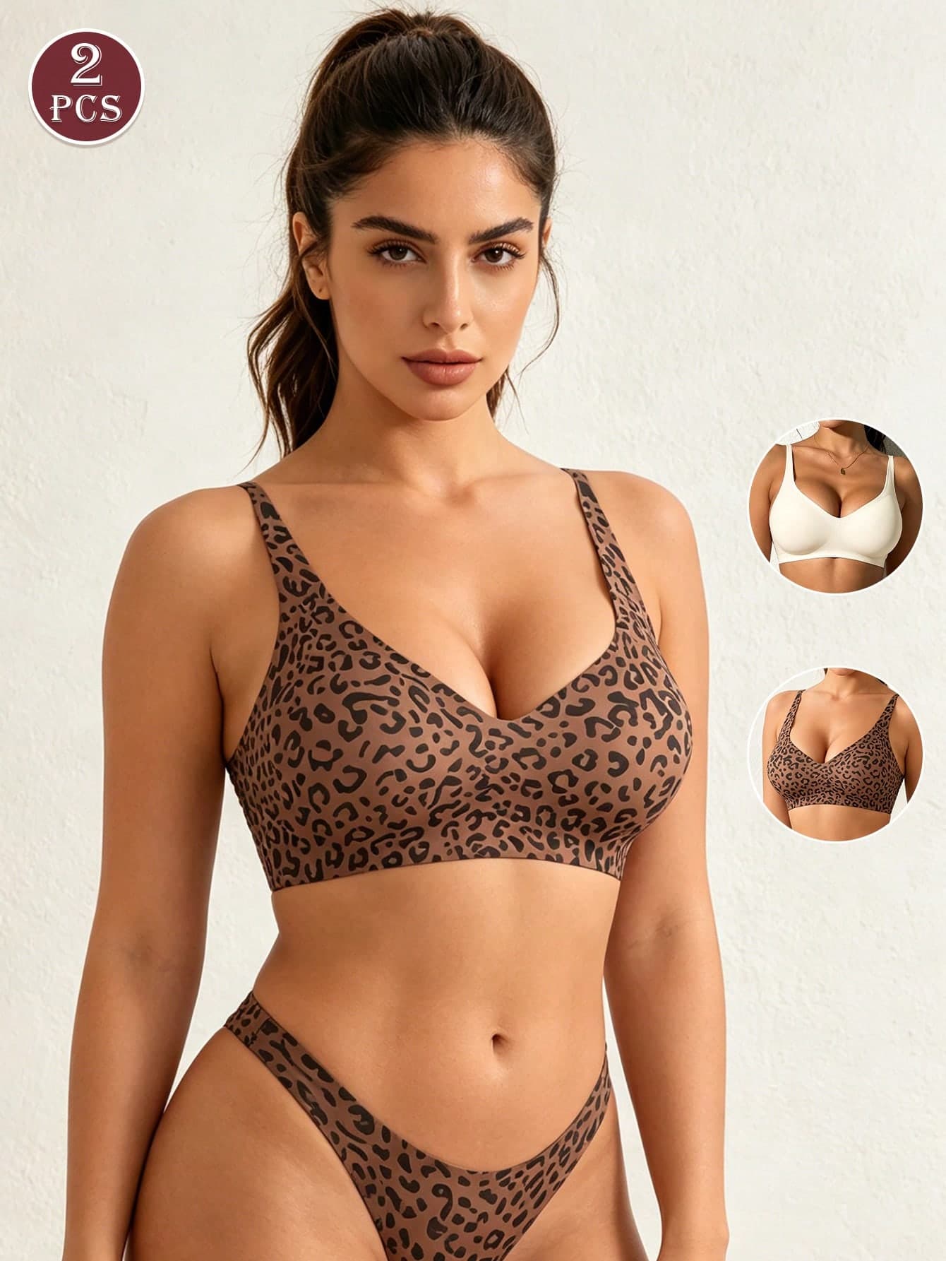 2pcs/Set Women's Leopard Print Seamless Comfortable Backless Camisole Bra