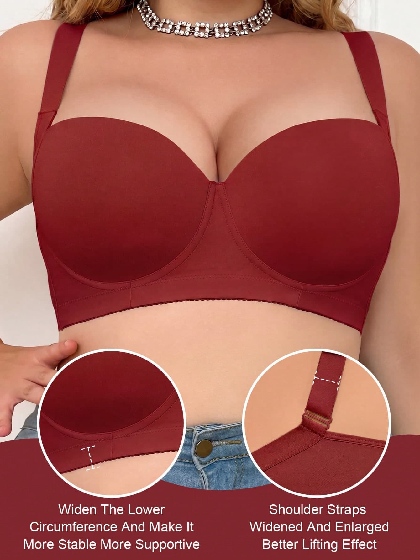 mimilemon Burgundy Seamless Plus Size Women's Lingerie, Smooth Minimalist Wide Strap Comfortable Push-Up Bra, Lifting