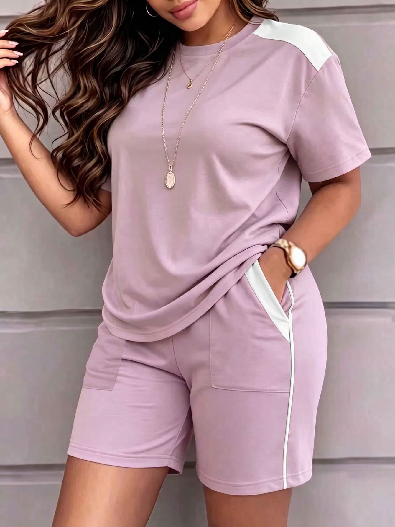 Women's Casual Round Neck Short Sleeve Top And Shorts Set With Pockets, Slightly Stretchy Fabric Summer, Everyday Wear