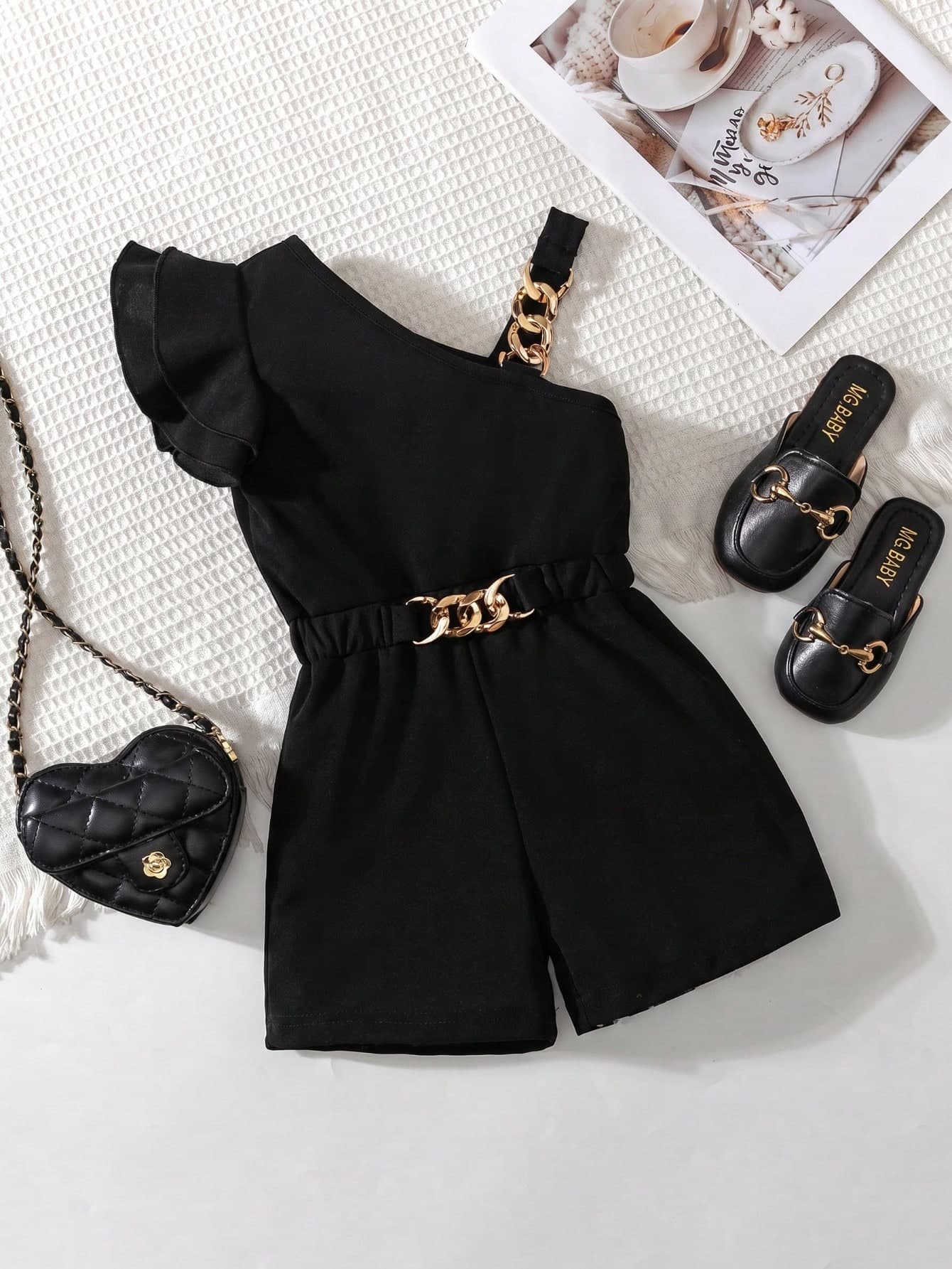 BASUSARRI Young Girl Floral Ruffle Strap Jumpsuit, Elegant Commuter Style Summer Shorts, Fashion Elegant Girls Clothing