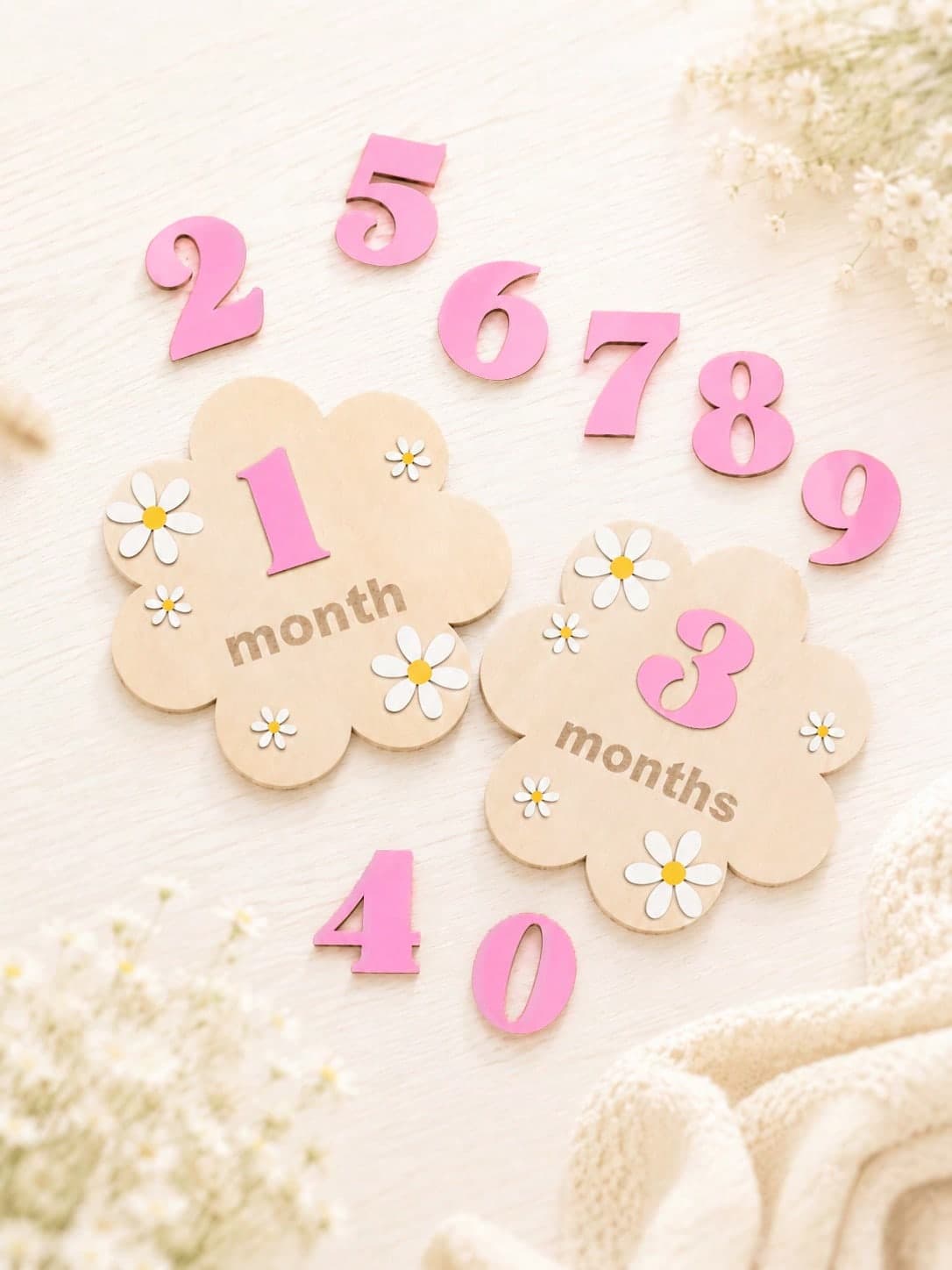 1 Set 1-12 Months Baby Wooden Flower Growth Milestone Photography Props, Commemorative Photo Props, Double-Sided Milestone Hanging Baby Monthly Growth Milestone Cards, Wooden Newborn Monthly Growth Milestone Cards