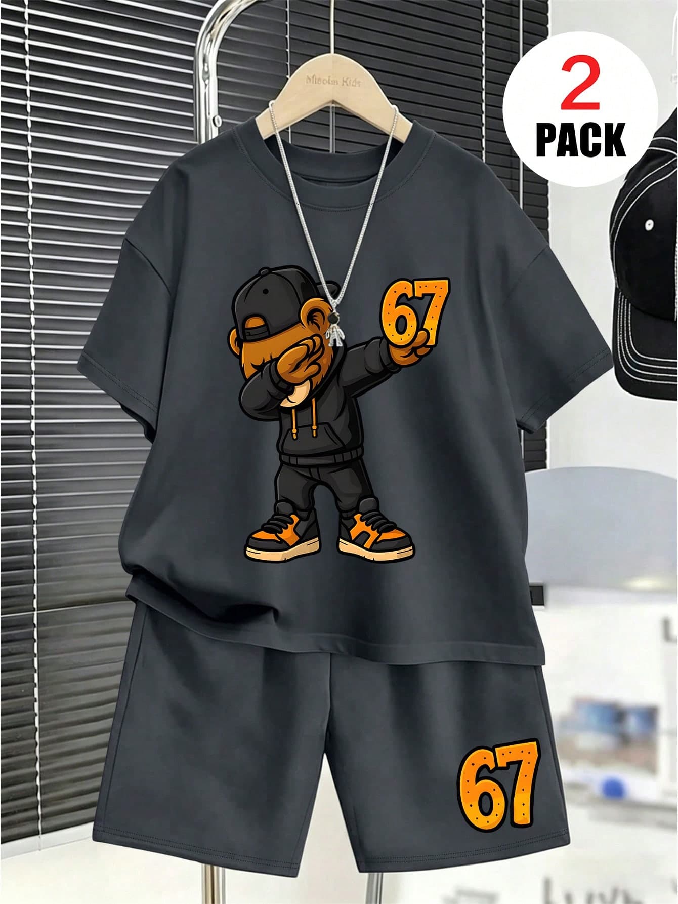 2pcs/Set Boys' Outfit, Loose Short Sleeve Top With Cartoon Bear And Number 67 Print + Sports Shorts, Comfortable And Soft, Suitable For Summer And Sports