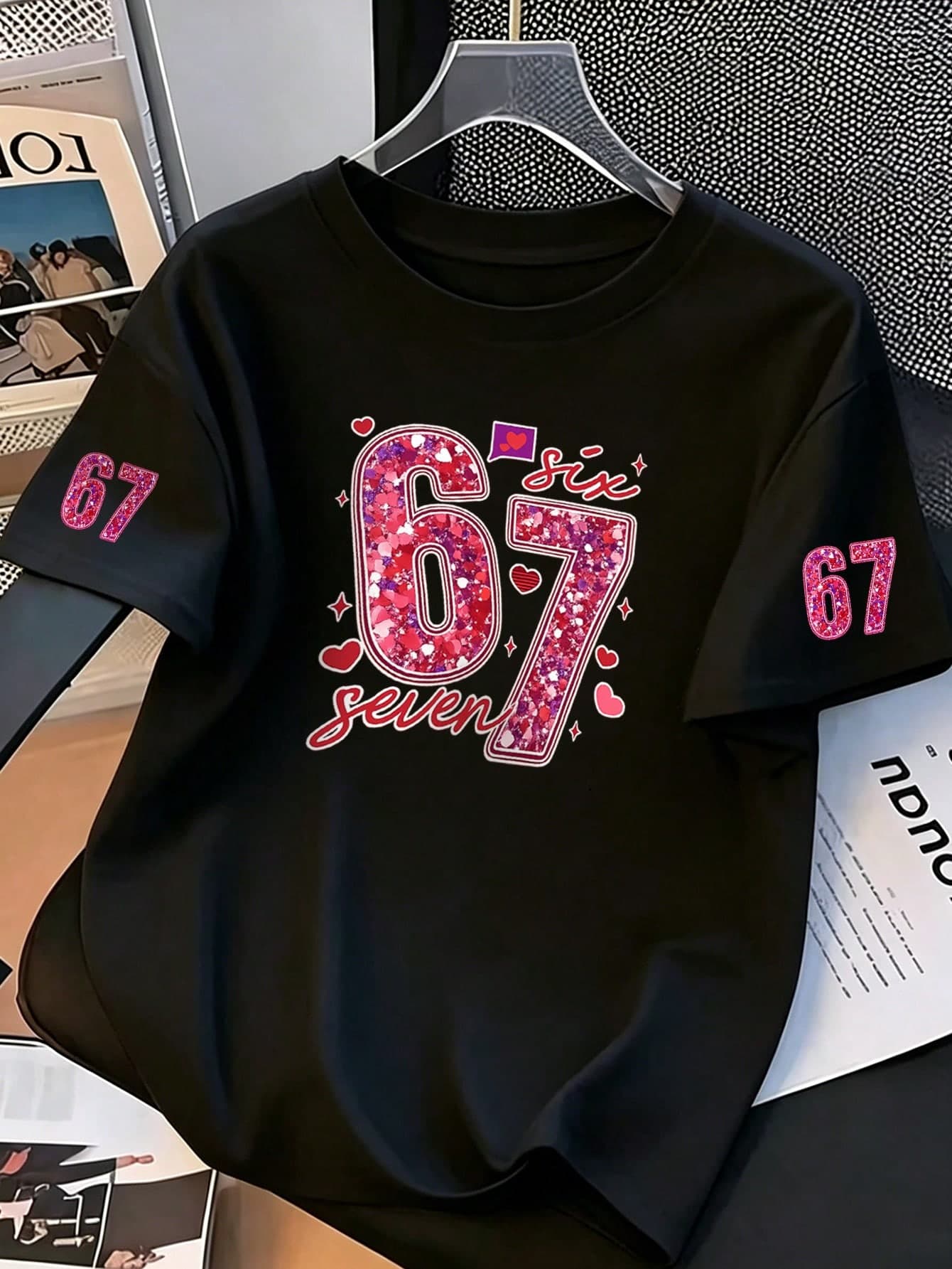 Teen Girls Coquette Style White T-Shirt, Glittery "67" Number And Heart Print Casual Short Sleeve Top, Cute Y2K Summer Streetwear Top