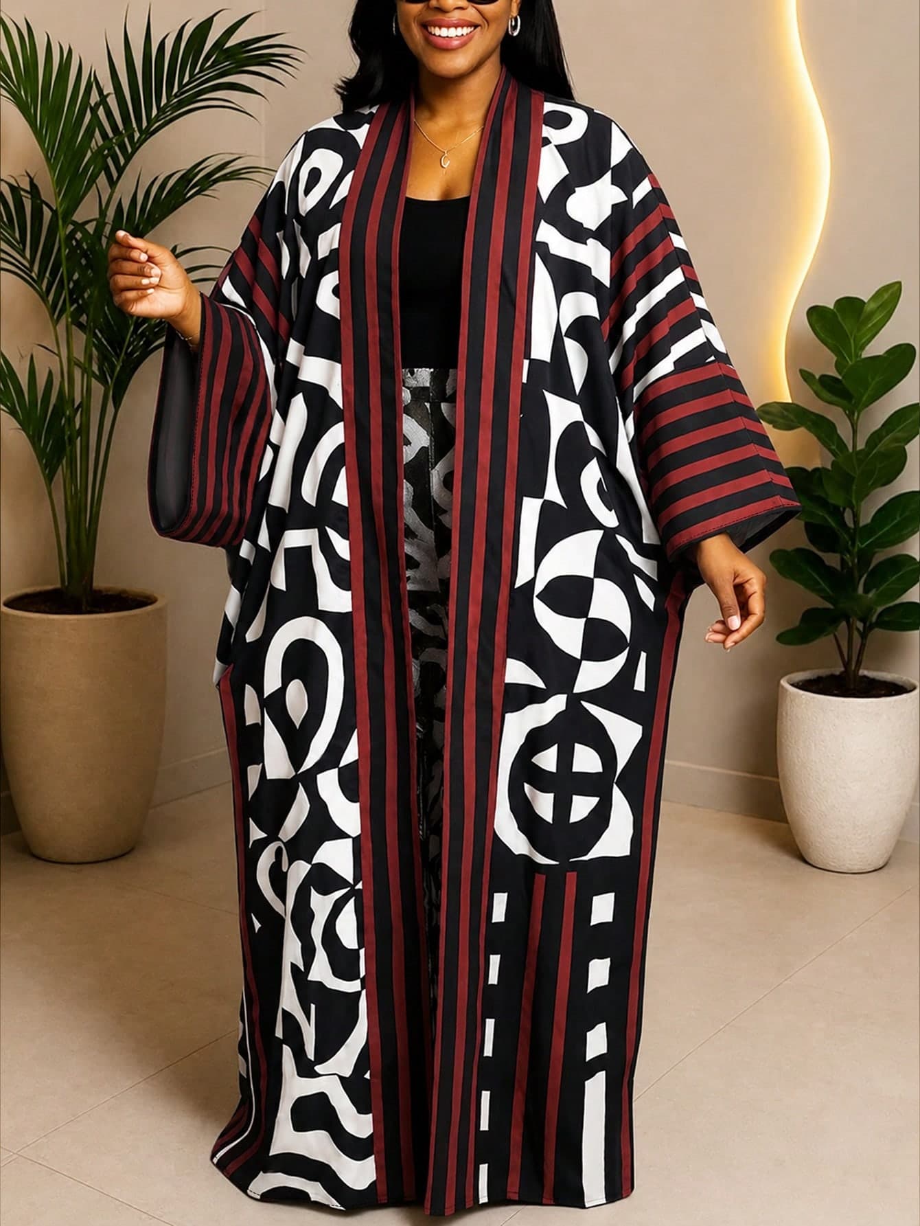 European And American Retro Style Color Block Geometric Print Long Cardigan Jacket For Women, Niche Design Red And Black Patchwork Pattern, Lazy Vacation Style Casual Long Robe, Slimming And Flattering Plus Size Fit, Breathable And Smooth Fabric, Viral Hot Item For Beach Vacation And Daily Versatile Plus Size Women's Clothing