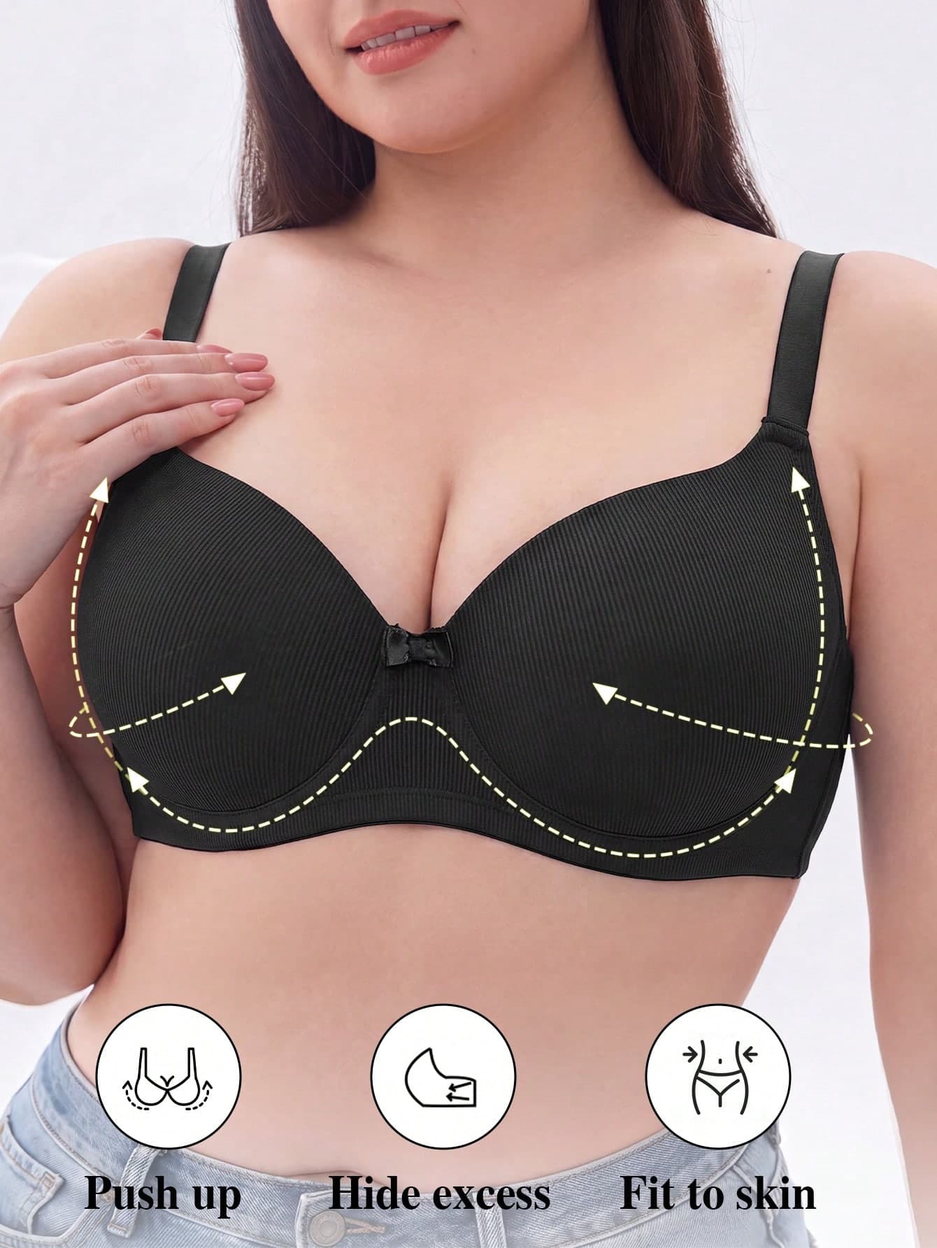 1Pc Plus Size Smooth Solid Longline Bra, Wide Strap Side Support Underwire Push Up Bra, Smooth Minimalist Lift-Up Underwire Bra
