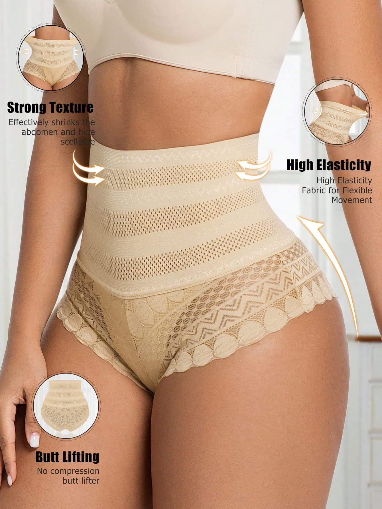 Women Comfortable Lace Trim Panties, High Waisted Compression Control Shapewear Briefs