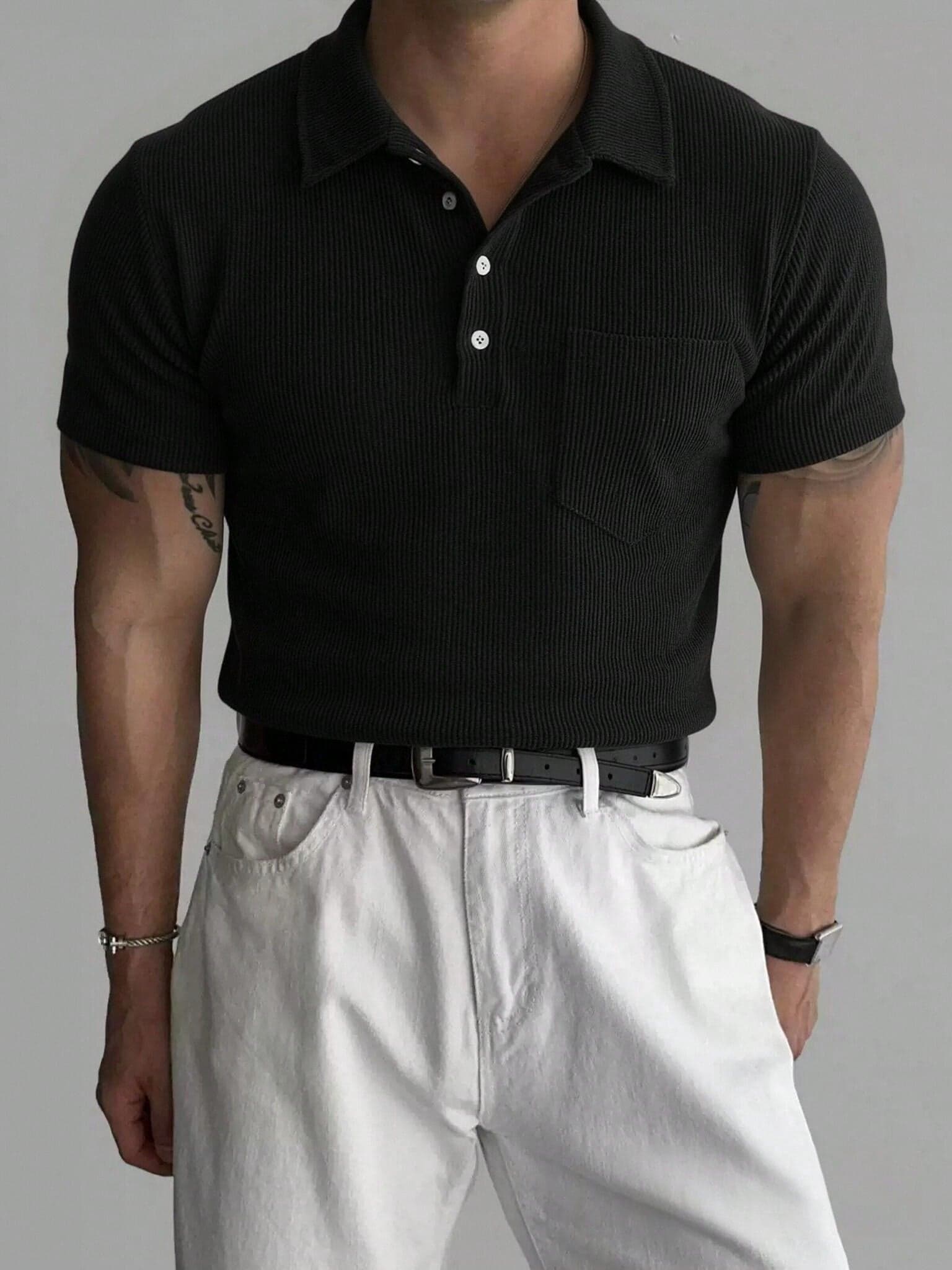 Classic Turn-Down Collar White Button Contrast Color Vertical Stripe POLO Shirt Casual Versatile Summer Men's Short Sleeve Top